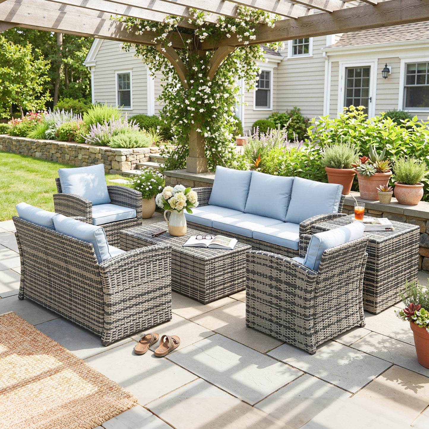 6 Pieces Rattan Garden Furniture Set, 7 Seater Wicker Outdoor Furniture Set with Storage Tea Table & Side Table
