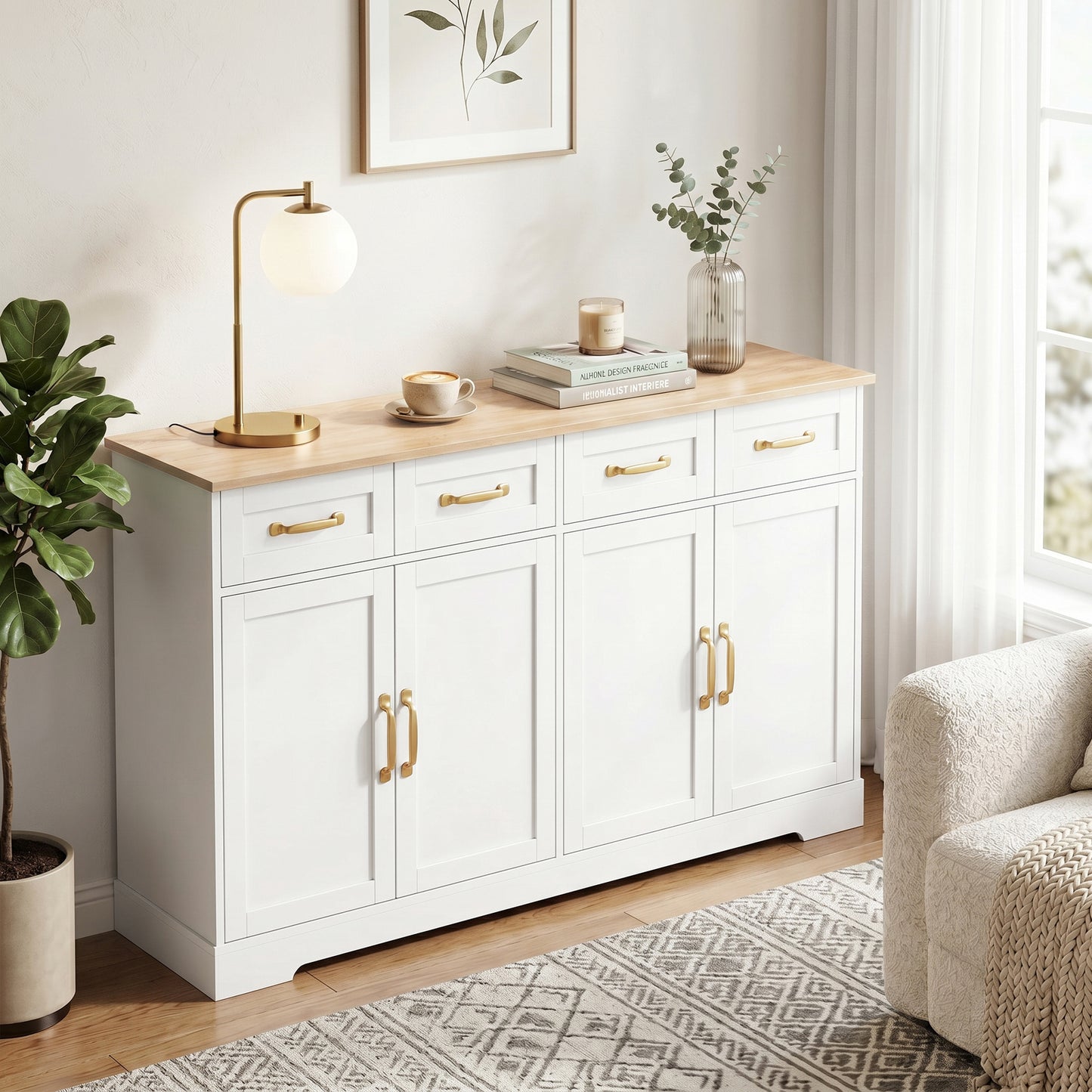 Sideboard Buffet Cabinet, 140 cm Kitchen Storage Cabinet with 4 Drawers, 4 Doors and 2 Adjustable Shelves, White