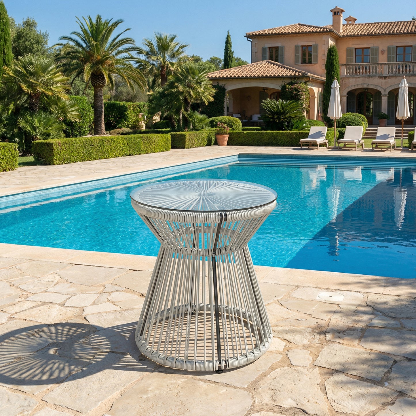Rattan Outdoor Coffee Table, PE Rattan Wicker Bistro Side Table with Tempered Glass Top, Light Grey