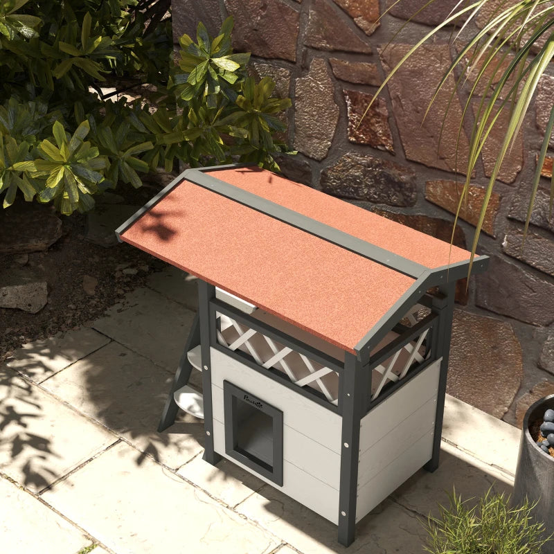Cat House with Roofed Balcony Area & Stairs and Under House - White