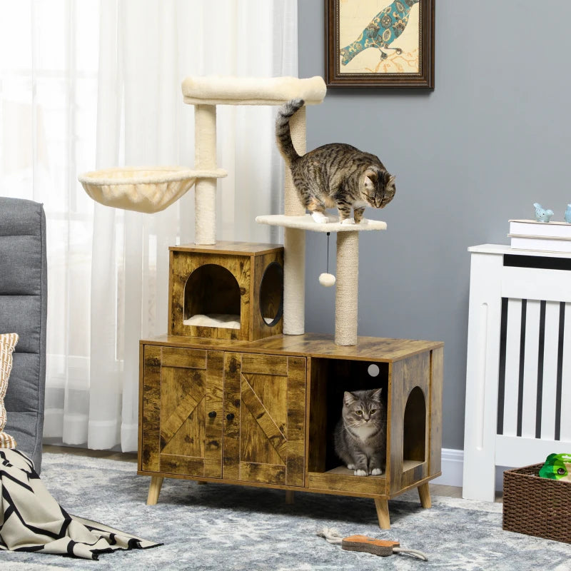 Industrial Style Cat Tree with Built In Litter Tray Enclosure with Hammock, House and Cushion