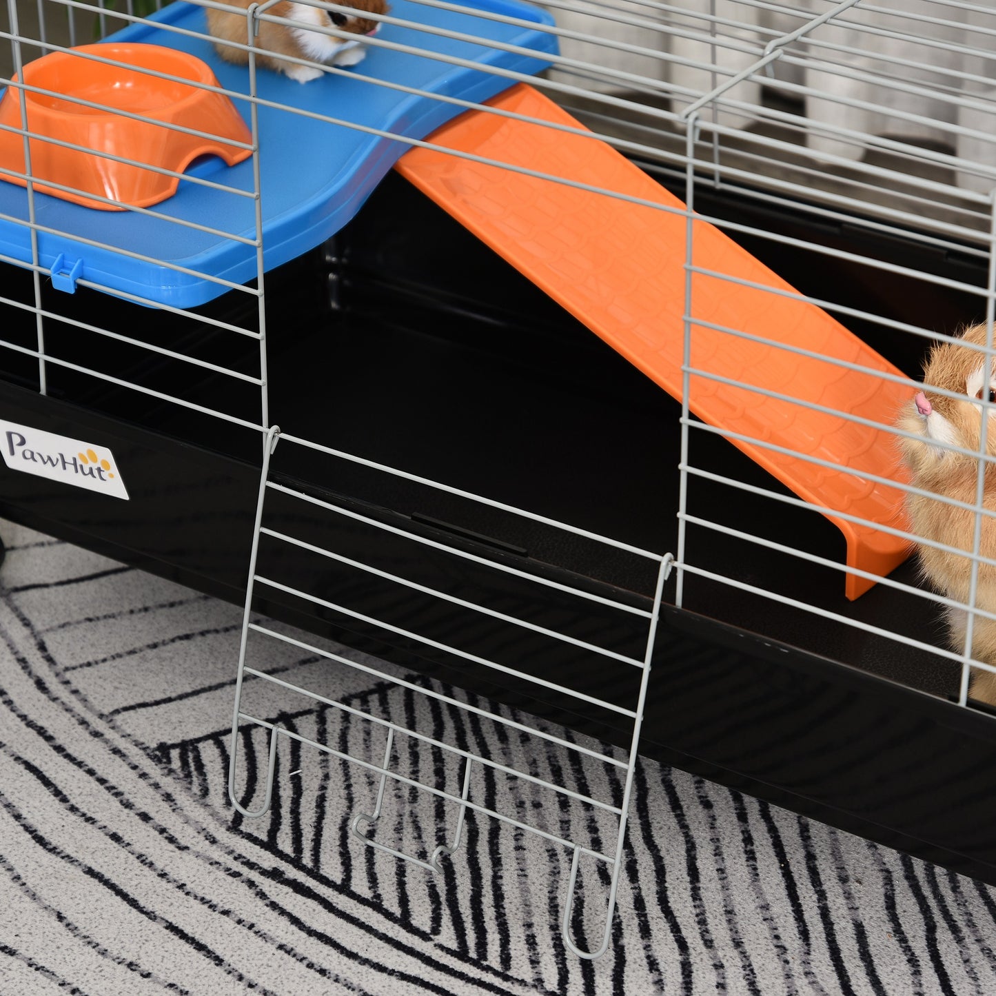 Small Animal Cage Rabbit Guinea Pigs Chinchillas Cage w/ Wheels Water Bottle Food Dish Platform Ramp 89 x 44 x 43 cm Black