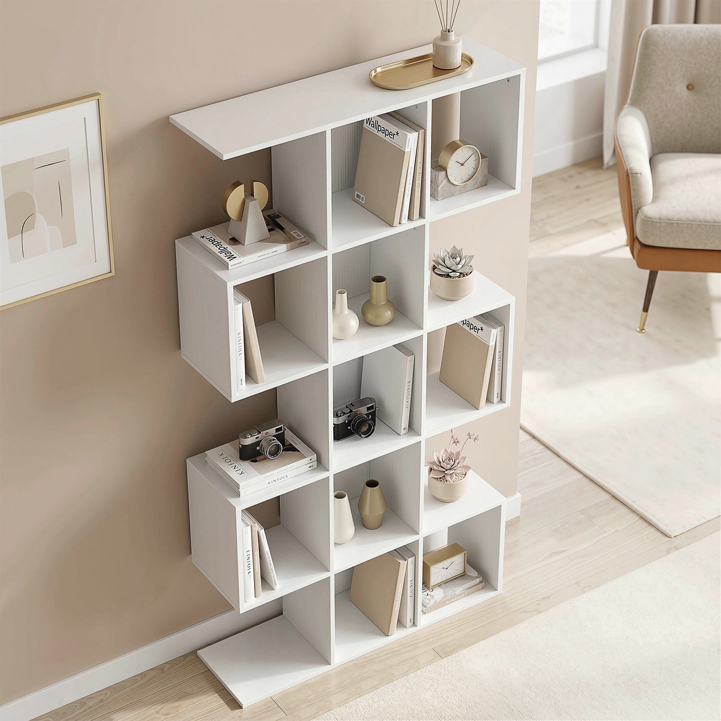 5-Tier Bookshelf, S Shaped Geometric Bookcase with 15 Compartments, White Wood Effect