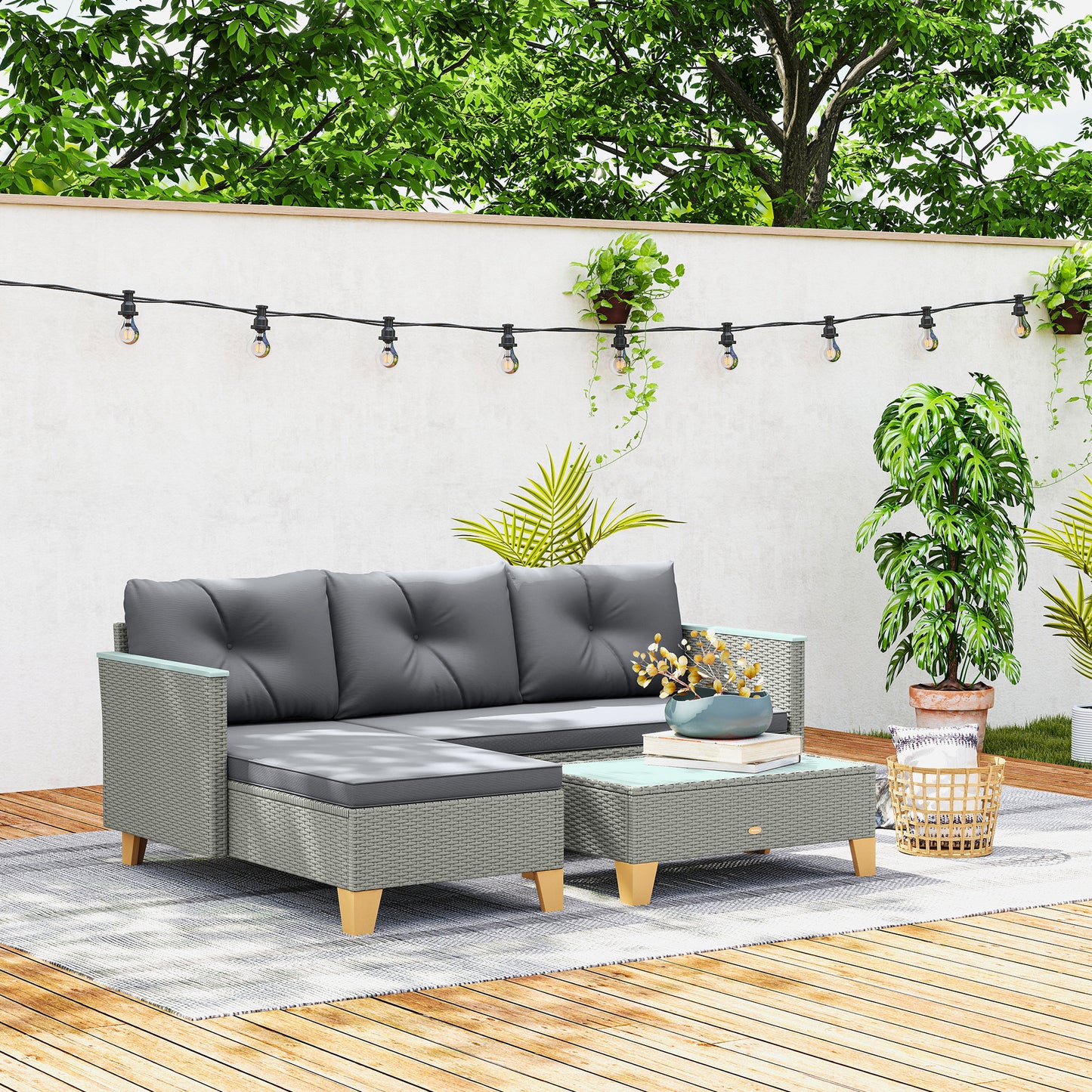3 Pieces Rattan Garden Furniture Set, L Shaped Garden Conversation Chaise Lounge Furniture