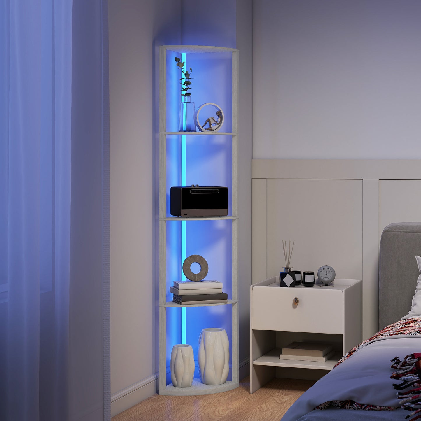 RGB LED Floor Lamp with Shelves, 4-Tier Dimmable Standing Lamp with Remote Control, Oak