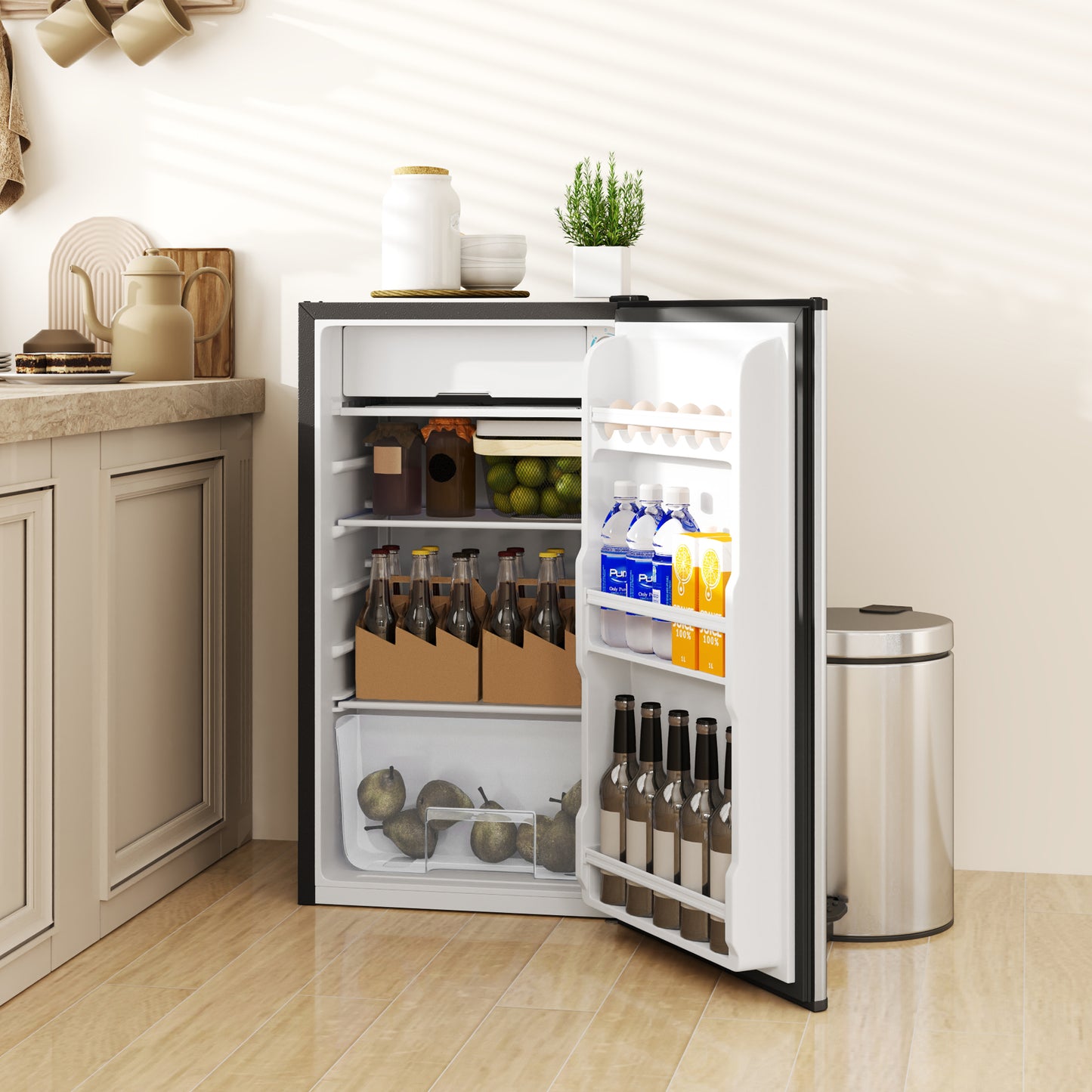 Under Counter Fridge, 91L Small Fridge with Chiller Box, Removable Shelf, Reversible Door, Adjustable Legs