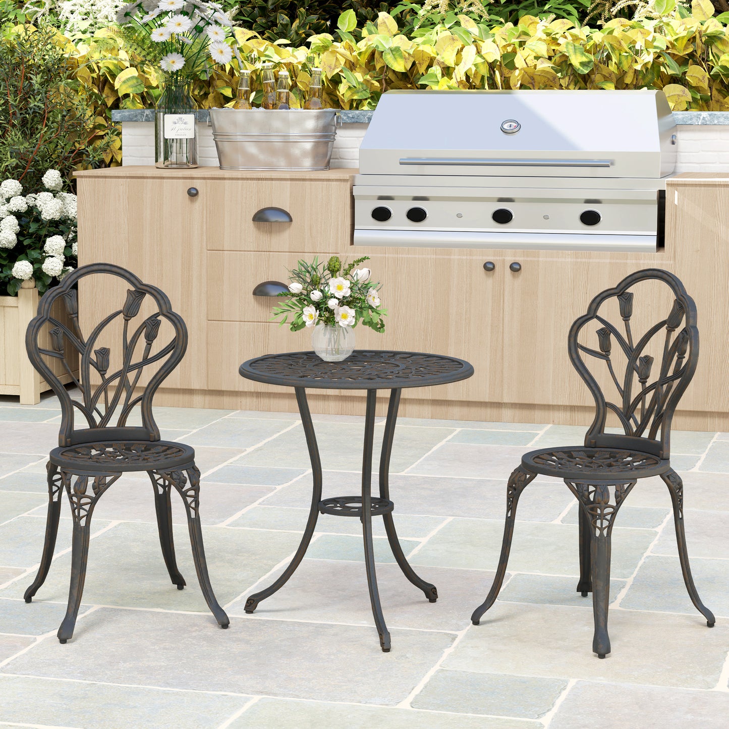 3 Piece Patio Bistro Set for 2, Outdoor Aluminium Garden Table and Chairs with Umbrella Hole for Balcony, Bronze Tone