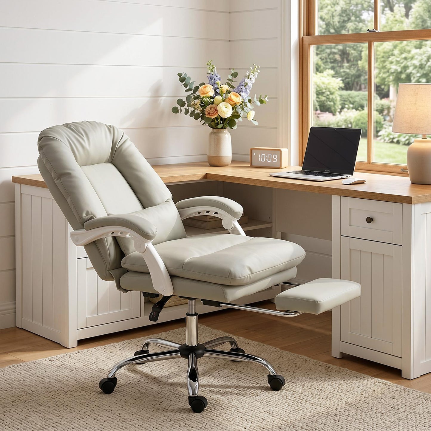 Ergonomic Executive Office Chair, Reclining Desk Chair with Lumbar Support, Footrest, Plush Thick Cushion, Khaki
