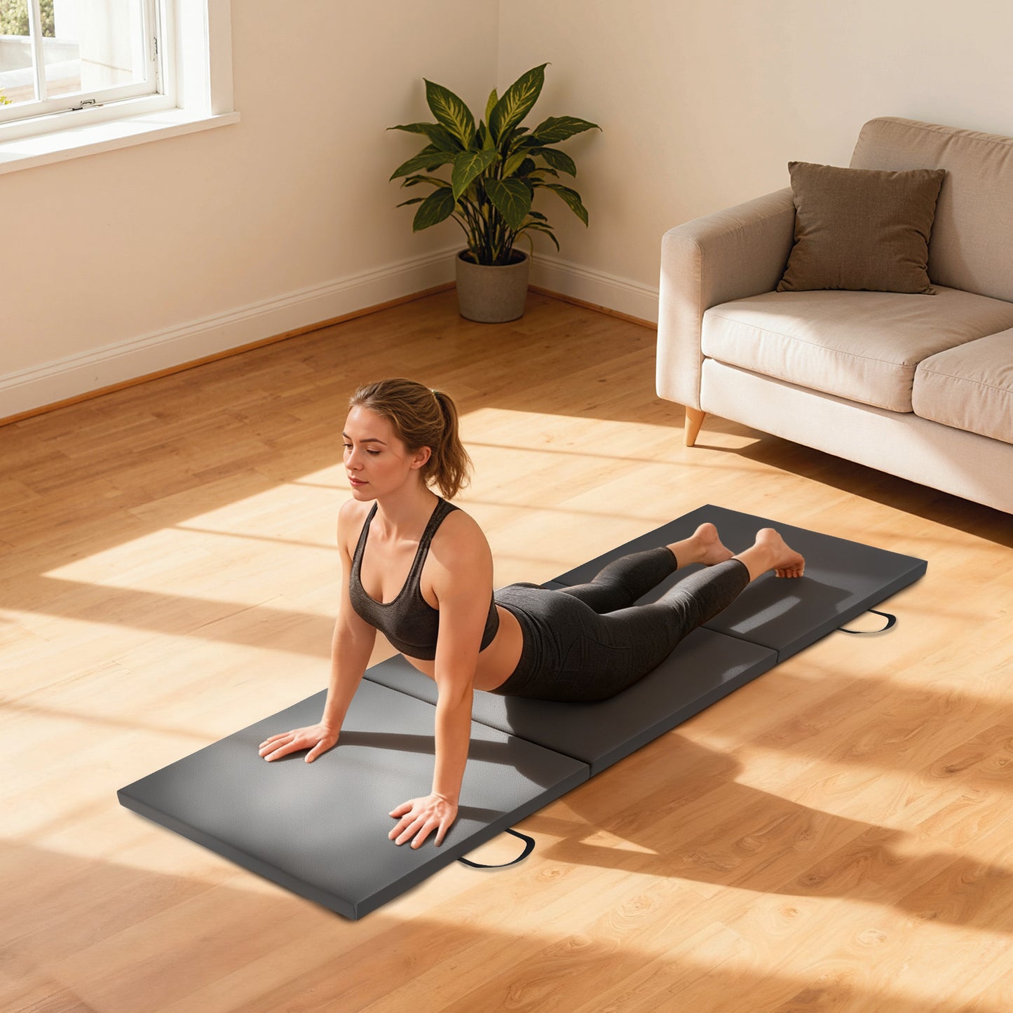 Gymnastics Mat, Tri-Fold Crash Exercise Pad, 6FT 2" Thick Foldable Workout Mat with Handles for Home Training, Grey