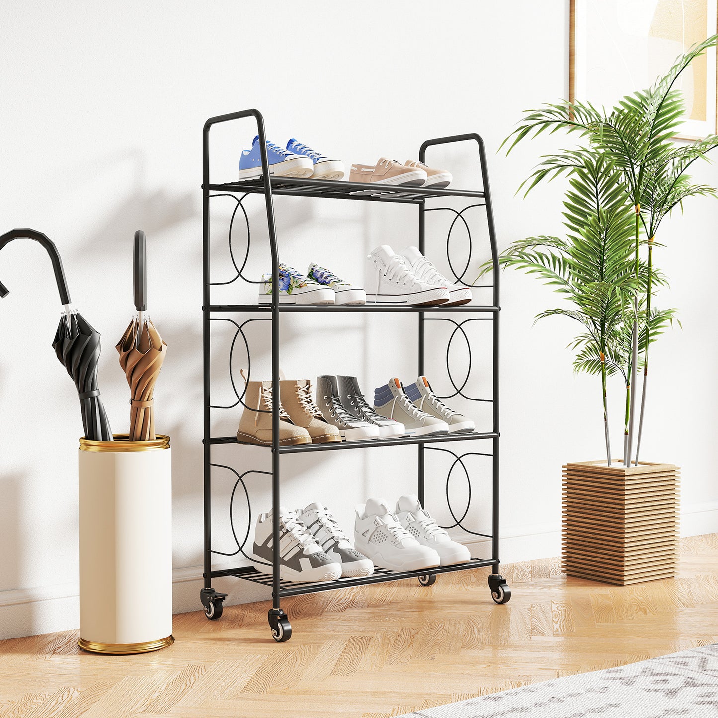 4-Tier Metal Plant Stand, Heavy Duty Ladder Shelf Potted Plants Display Rack with Lockable Wheels