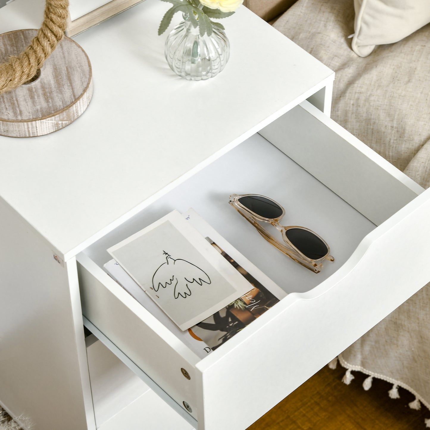 Bedside Table, Bedside Cabinet with 3 Drawers, Side End Table with Pine Wood Legs for Bedroom Living Room, White