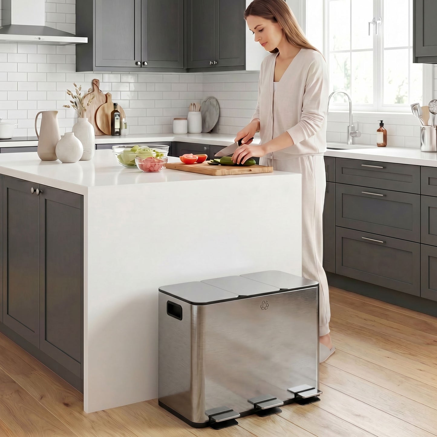 3 x 20L Pedal Bin, Steel Triple Kitchen Bin with Soft Close Lid, Removable Inner Buckets, Fingerprint-Proof, Silver Tone