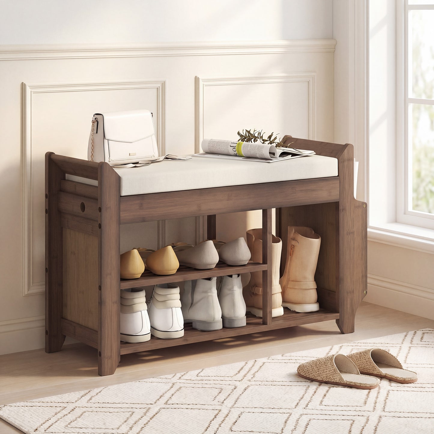 Shoe Bench 2-Tier Boot Section Entryway Storage Bench Cushioned Seat 80 x 30 x 50 cm Dark Brown and Cream