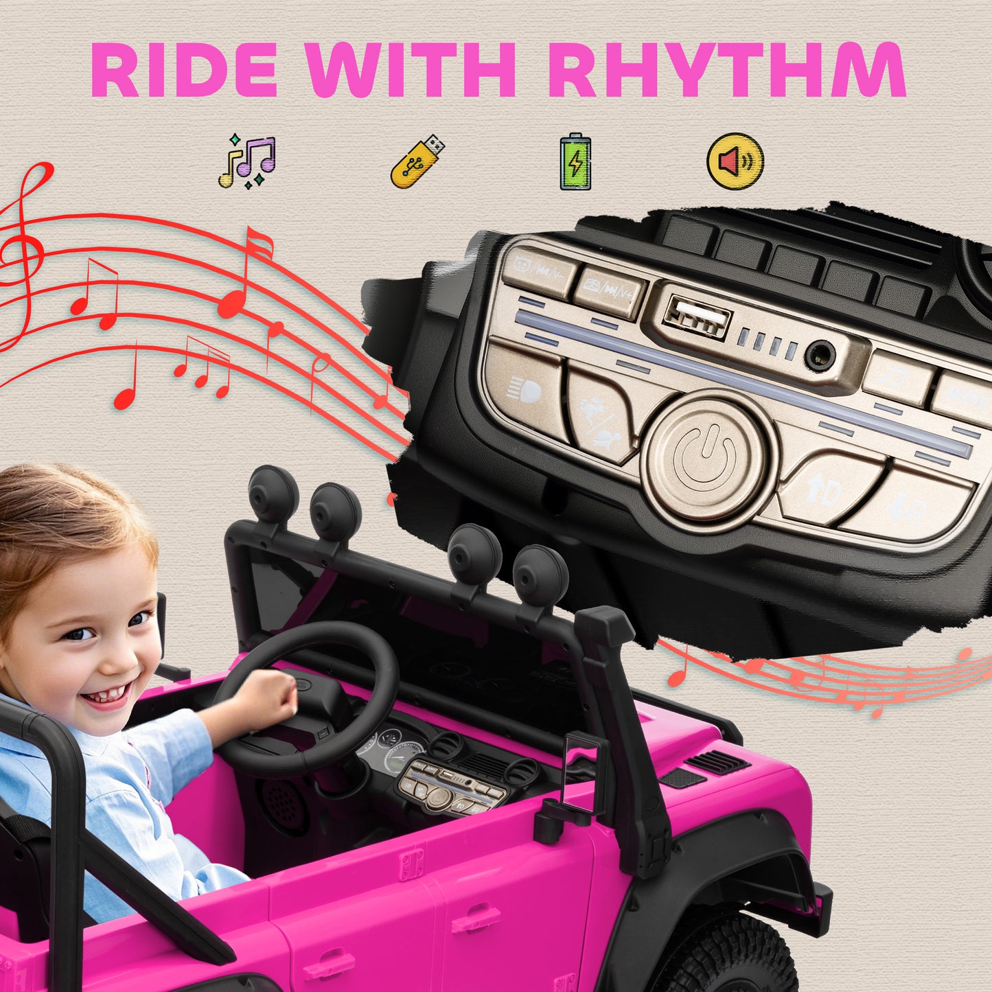 Kids Ride On Car with Remote Control, Music, Horn, 4 Spring Suspension Wheels, LED Lights for 3-5 Years Old, Pink