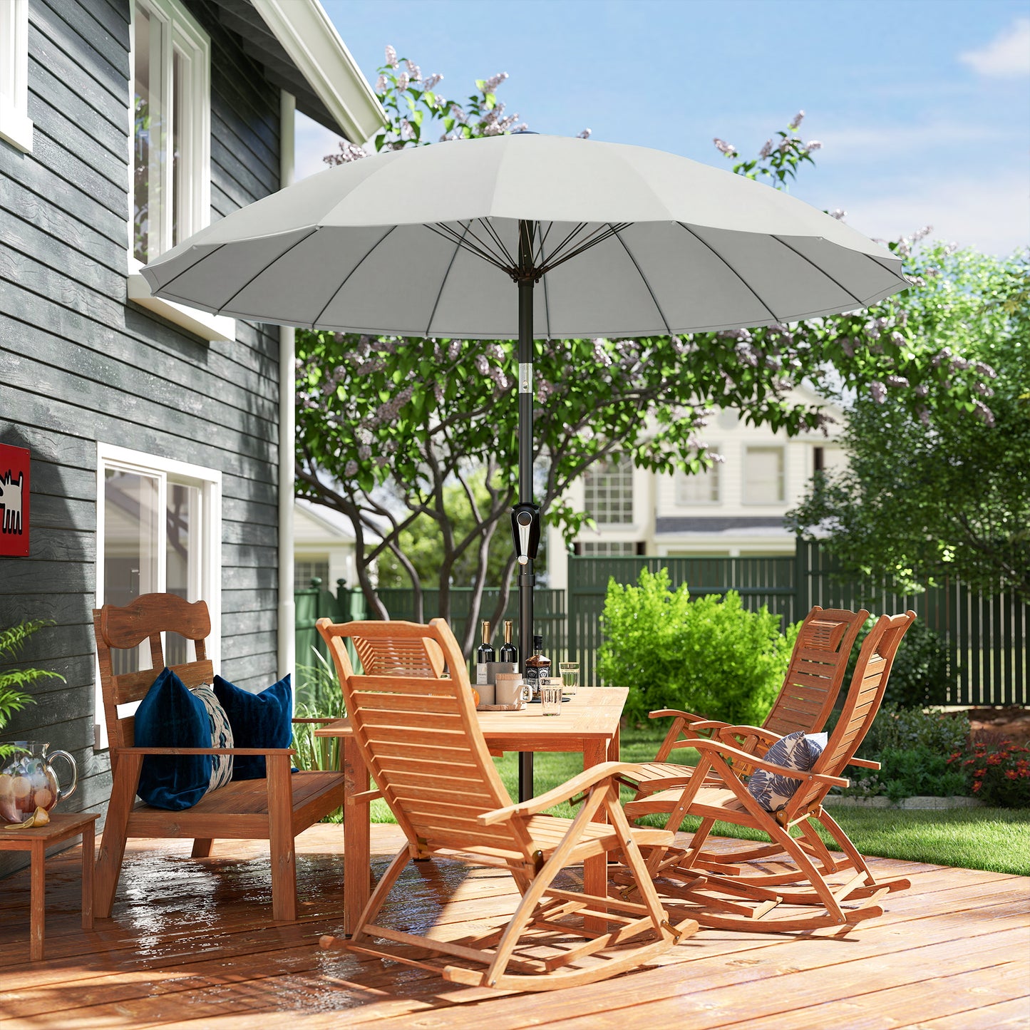 2 m Shanghai Garden Parasol Umbrella with 16 Fibreglass Ribs, Outdoor Parasol Sun Shade with Crank & Tilt, Light Grey