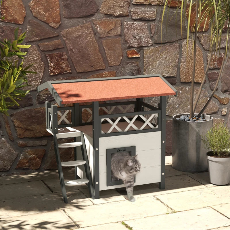 Cat House with Roofed Balcony Area & Stairs and Under House - White