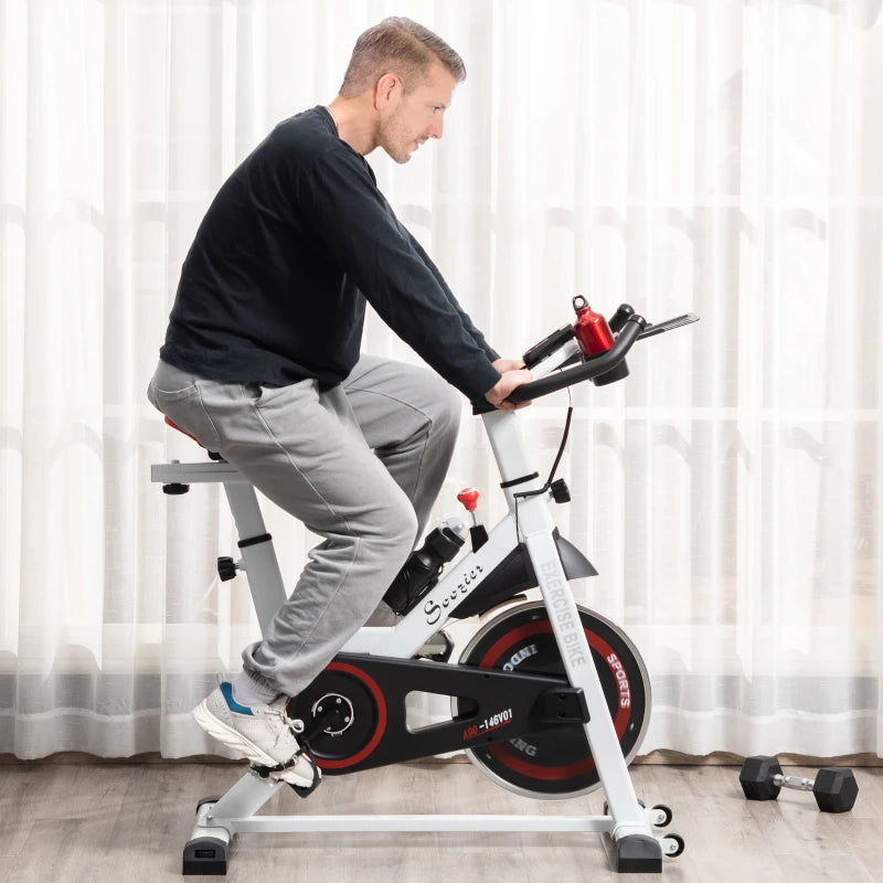Indoor Cycling Exercise Bike with Adjustable Resistance and Large Phone / Tablet Holder (8kg Flywheel) - White / Red