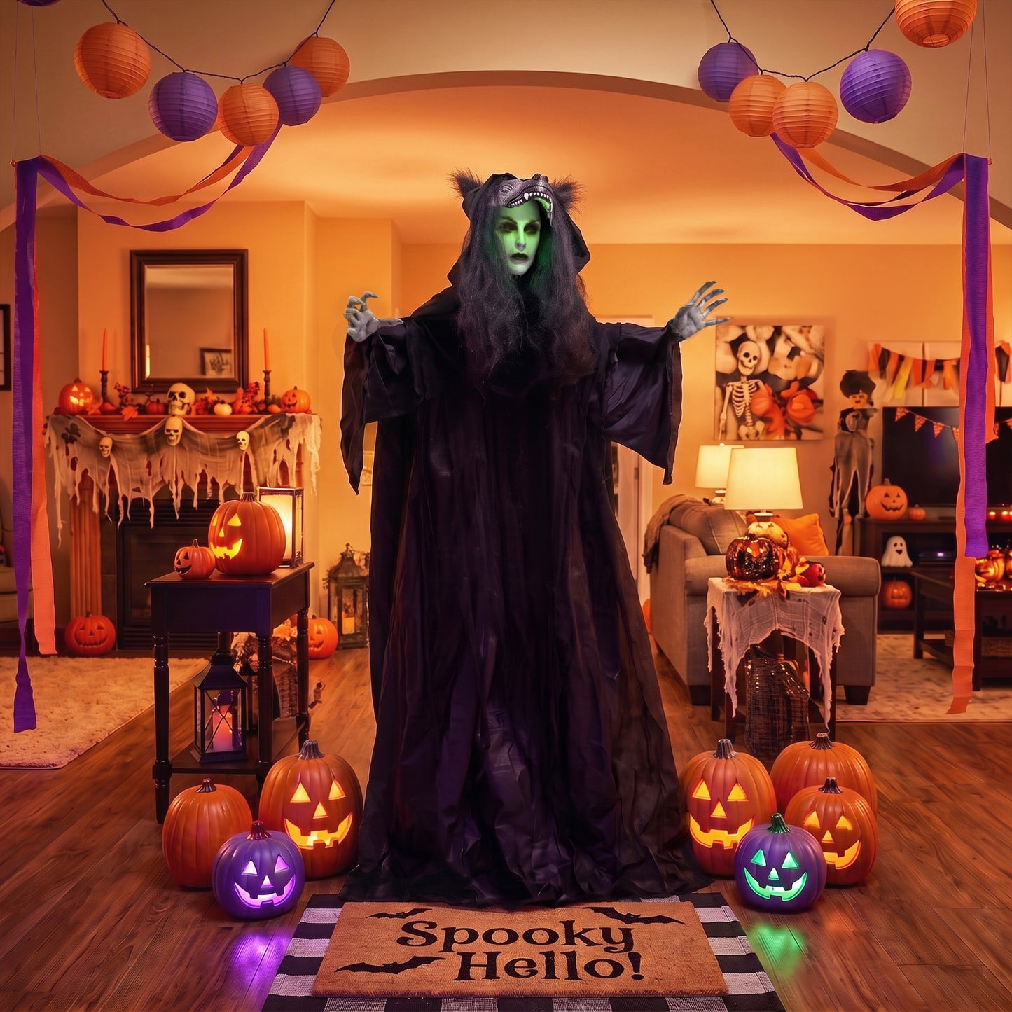 67"/170cm Life Size Animated Ghost with Werewolf Mask, Halloween Decorations Outdoor Indoor, Scary Halloween Animatronic