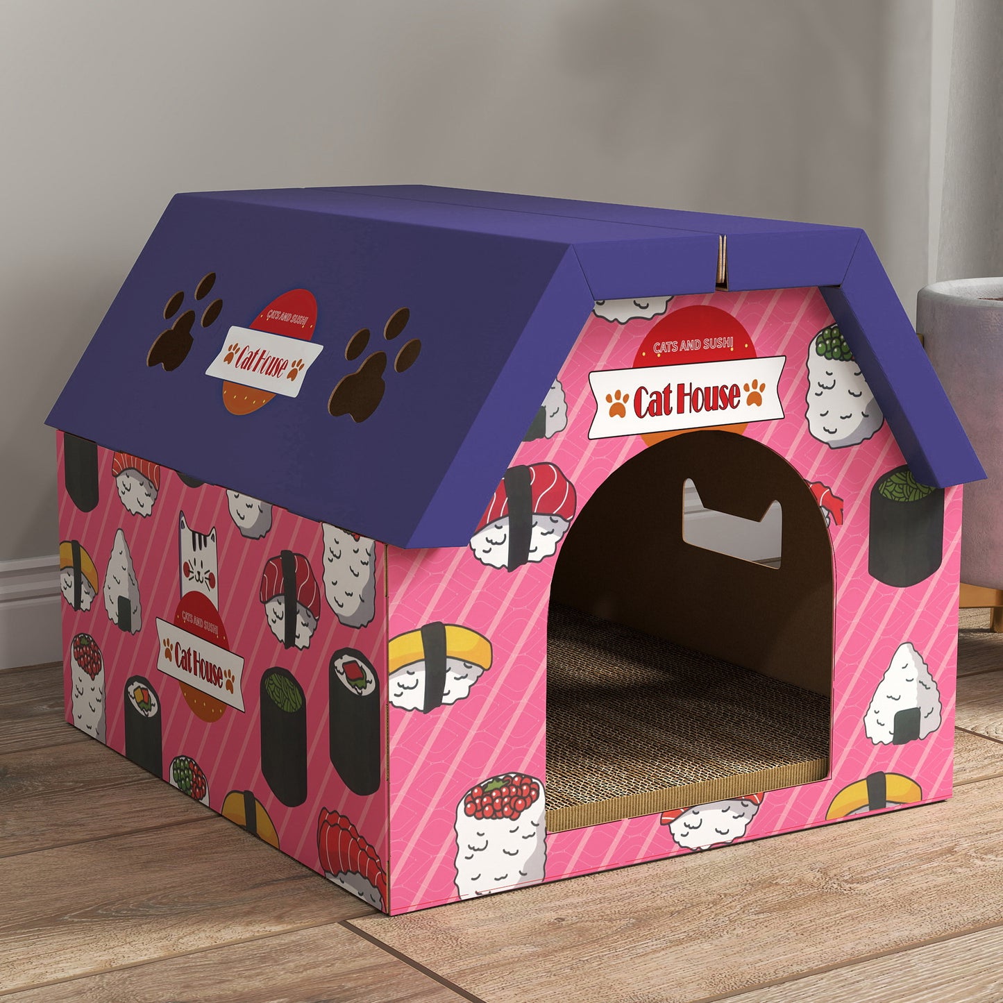 Cat Scratching Board, 2-in-1 Cardboard Cat House and Hideaway for Indoor Cats, Pink