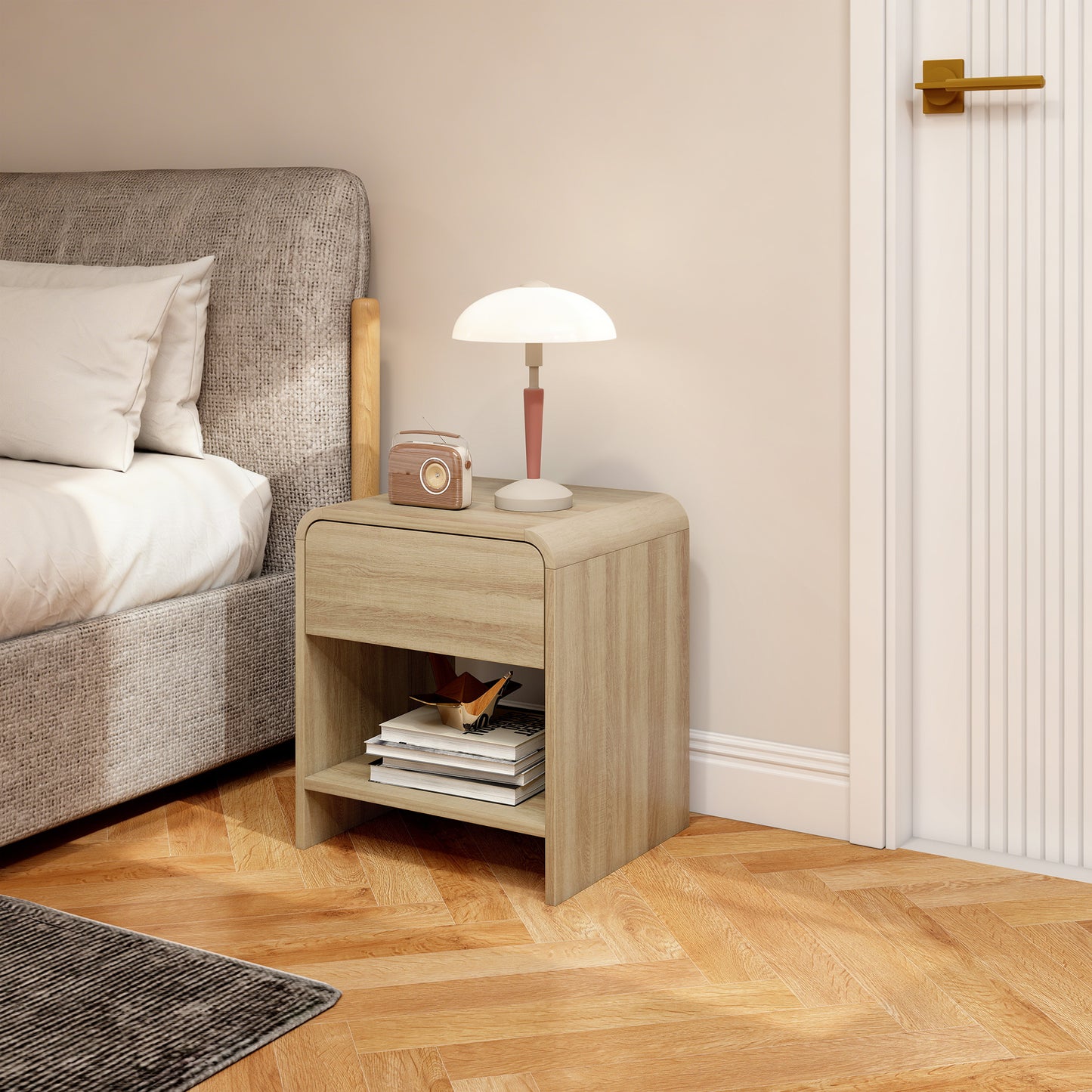 Bedside Tables Set of 2, Nightstands with Rounded Corners, Modern Side Table with Silent Drawer for Bedroom, Natural
