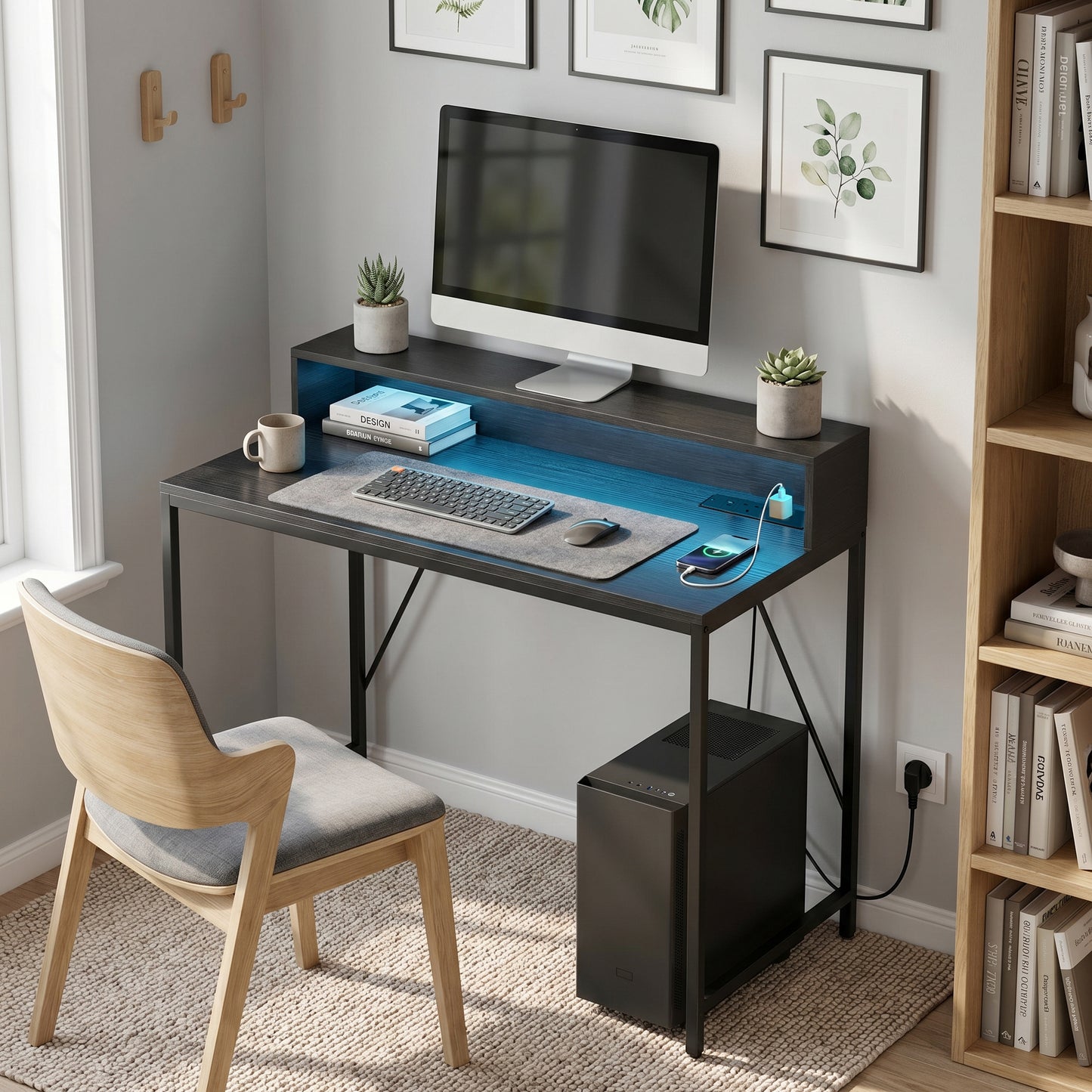 Gaming Desk, 100cm Computer Desk with LED Lights, Power Outlets, Monitor Stand and Remote, Black Wood-Effect