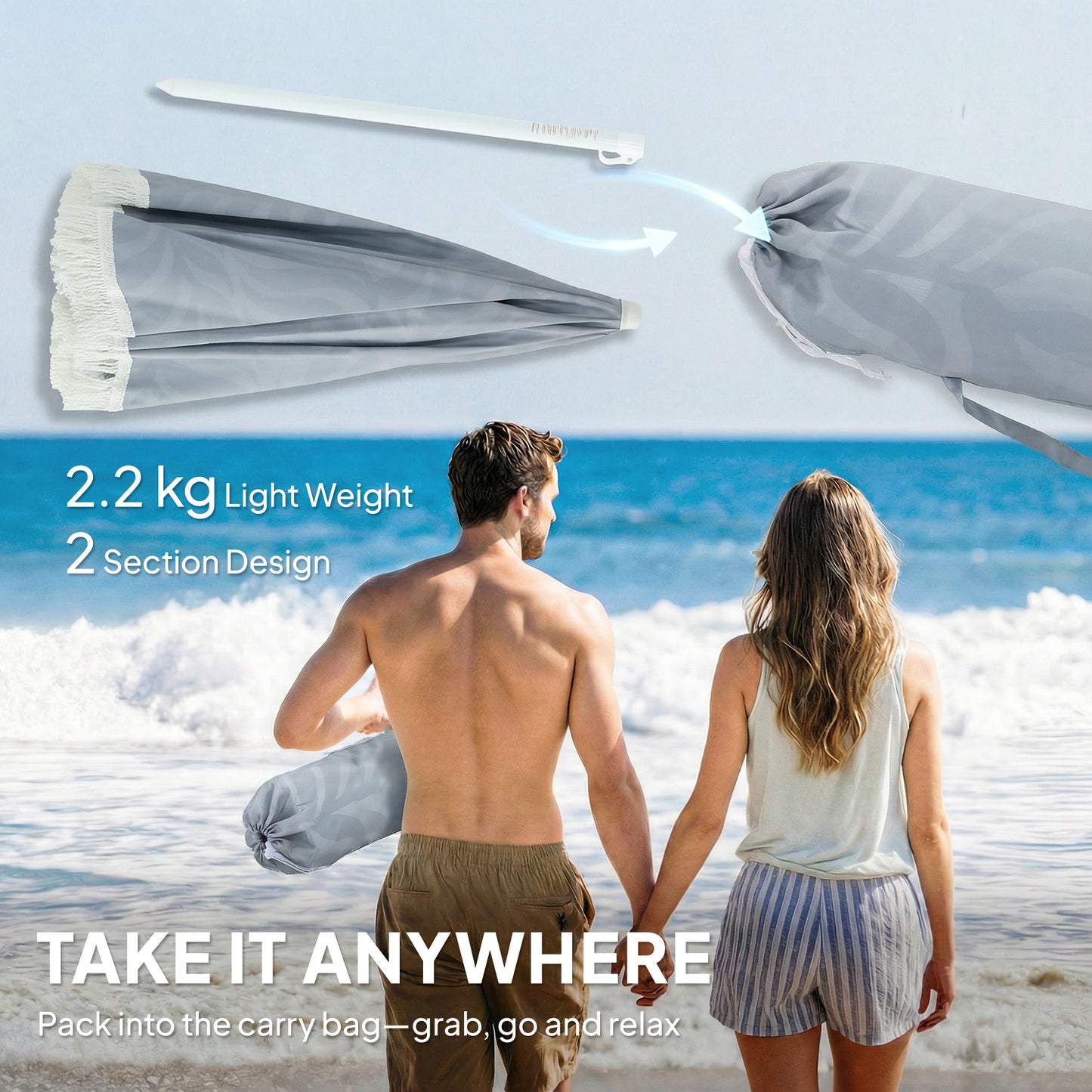 1.8 m Beach Umbrella Parasol with Sand Anchor, Portable Tilting Garden Parasol with Adjustable Height, Light Grey