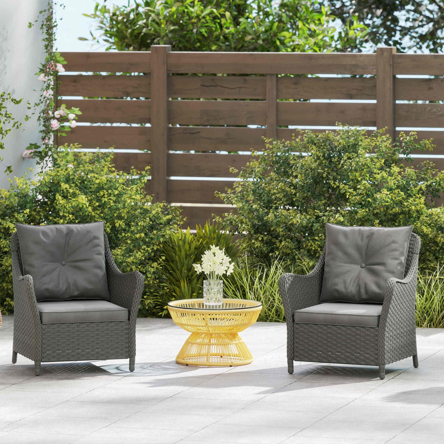 Rattan Garden Chairs Set of 2, Outdoor Rattan Chairs with Cushions, Armrests and High Back