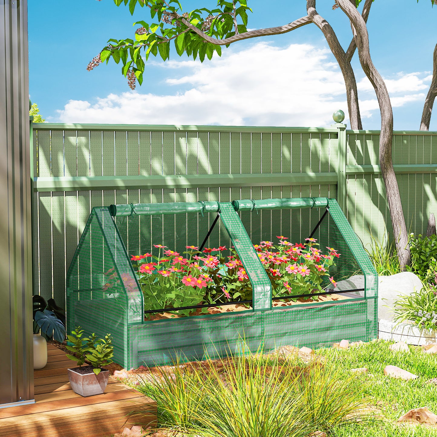 Metal Planter Box with Cover, Raised Garden Bed with Greenhouse, for Herbs and Vegetables, Green and Dark Grey