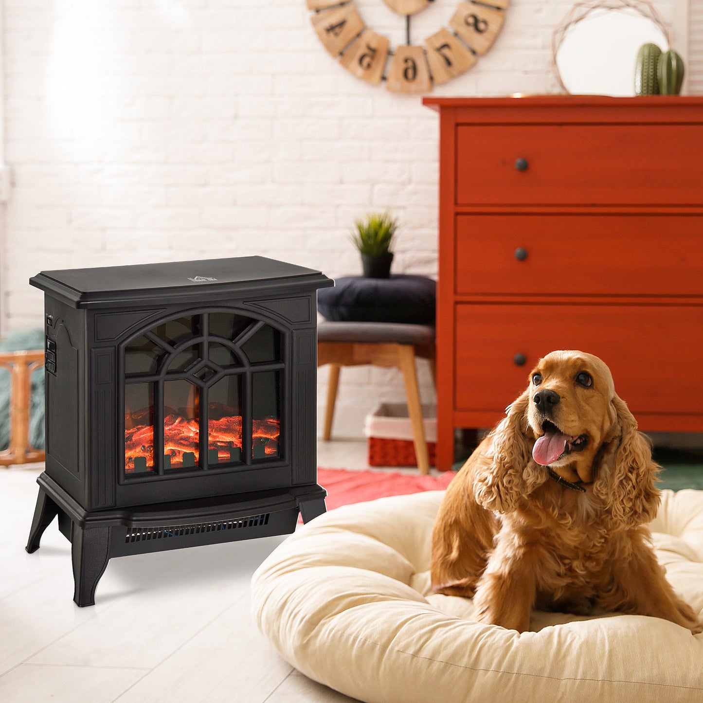 1000W/2000W Freestanding Electrical Fireplace Indoor Heater Stove Log Wood LED Burning Effect Flame with Thermostat Control B