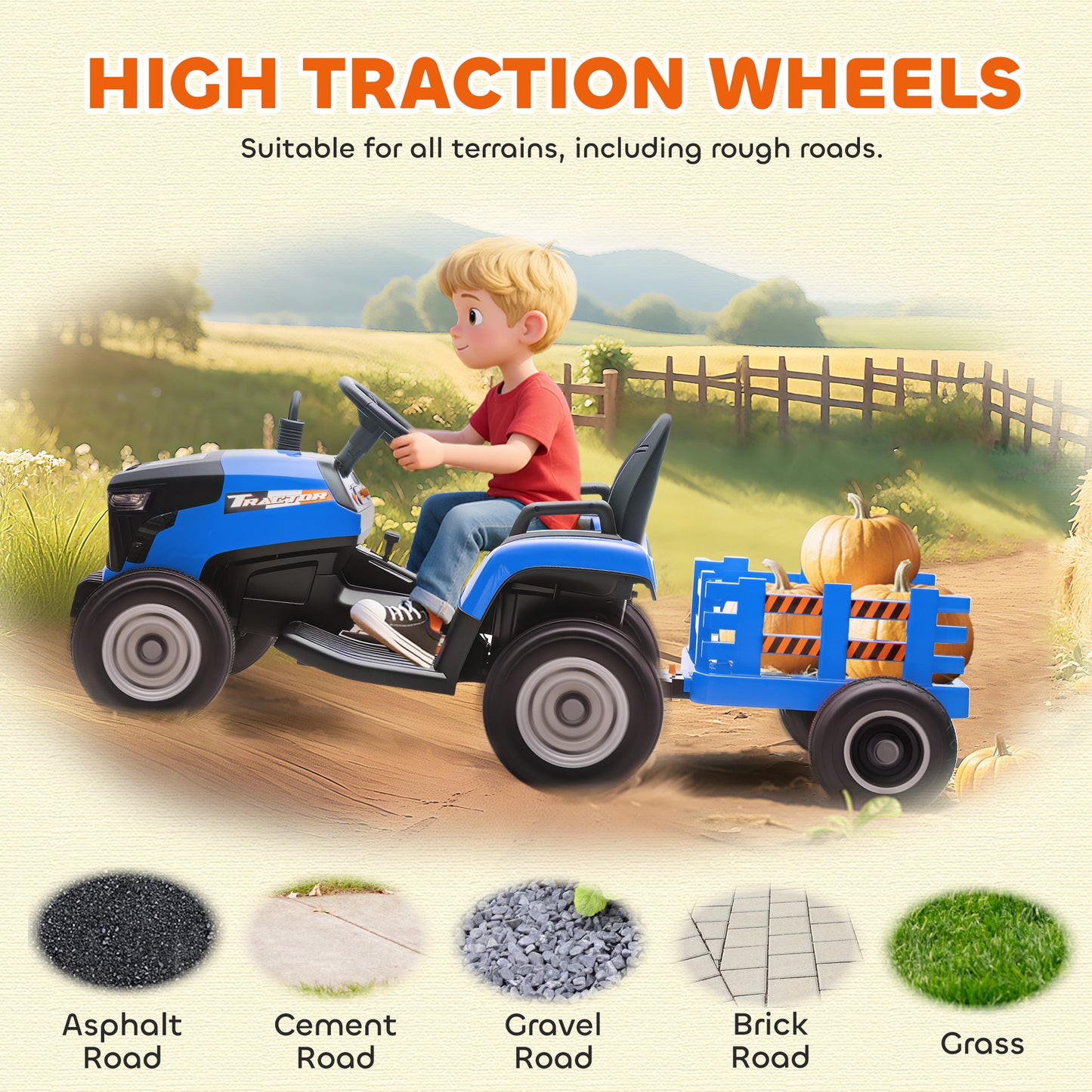 12V Ride on Tractor and Trailer with Remote Control, Music, Shifter, Start-Up Sound, for Kids Ages 3-8 Years, Blue