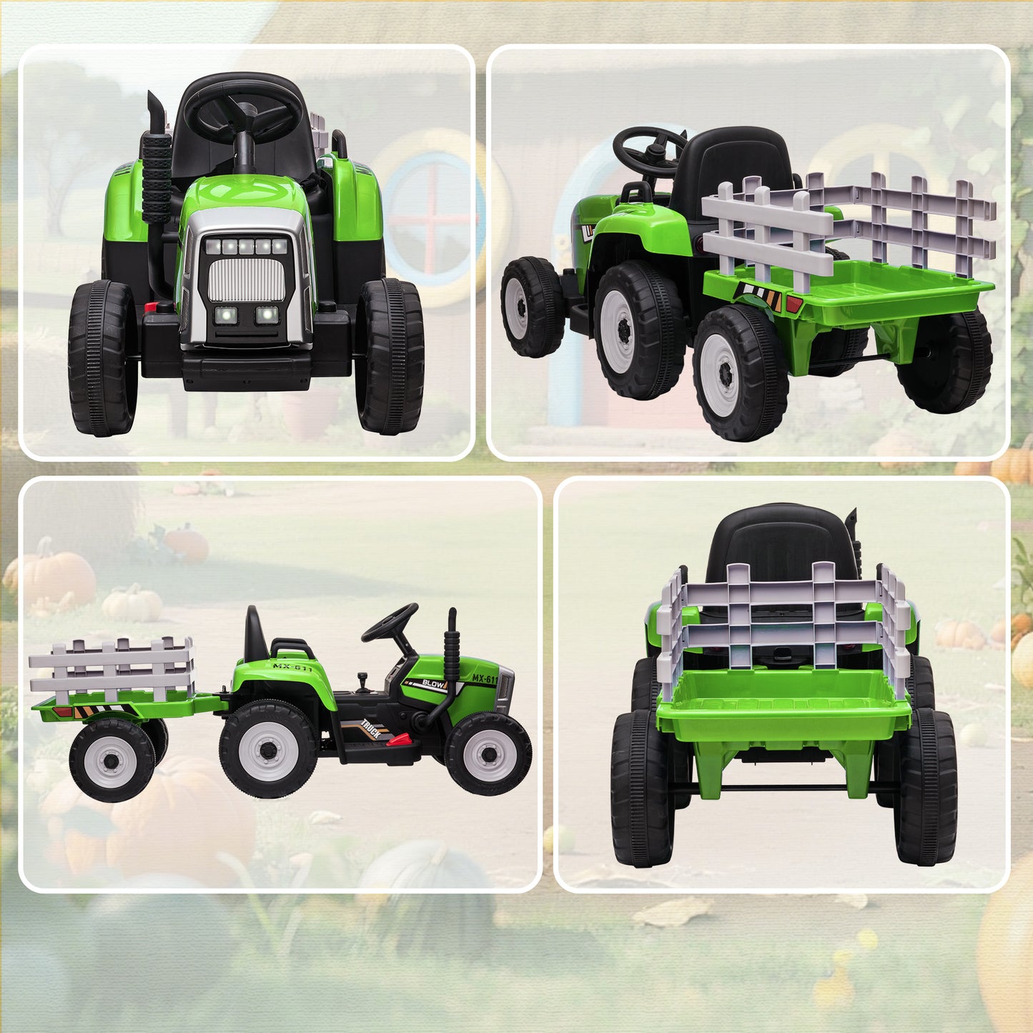 Ride On Tractor, Battery Powered Electric Car, with Detachable Trailer, Remote Control, Music - Green