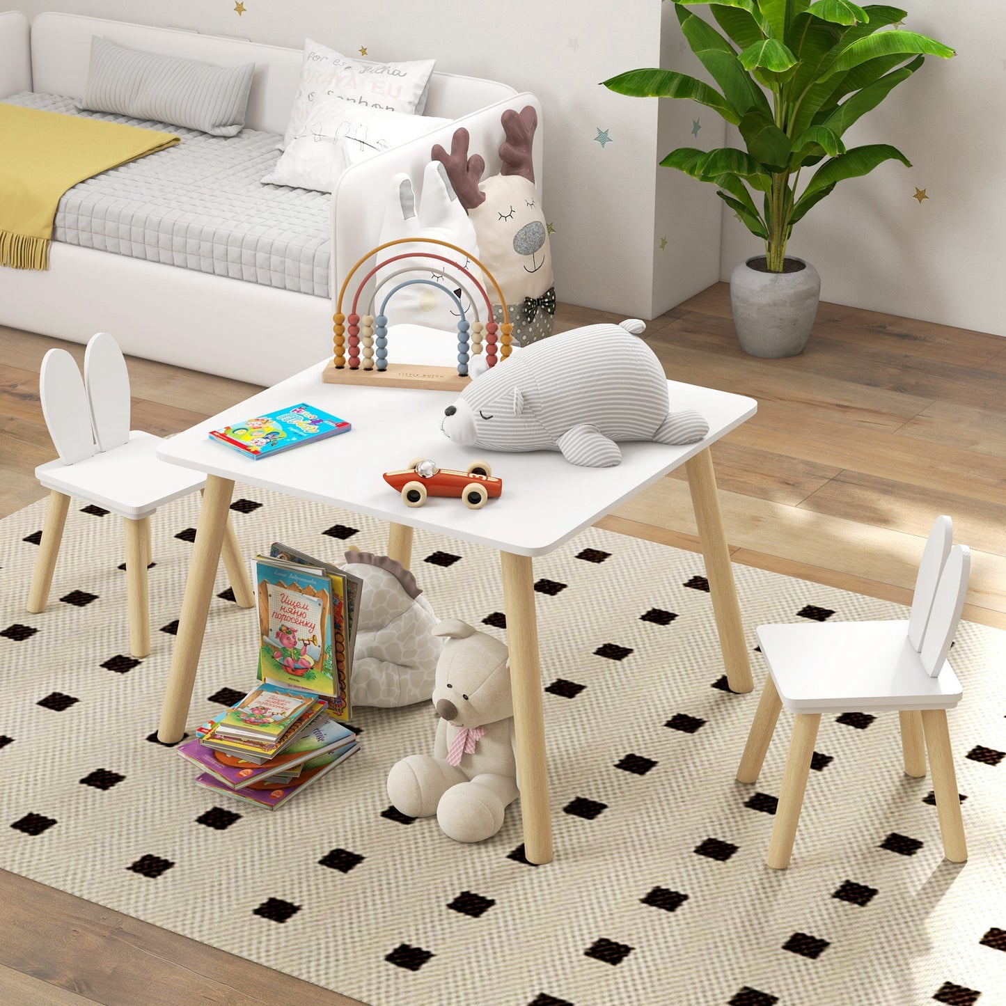 3 Pcs Toddler Table and Chair Set, Kids Desk and 2 Chairs Set w/ Bunny Ear Backrest, for Nursery, Playroom