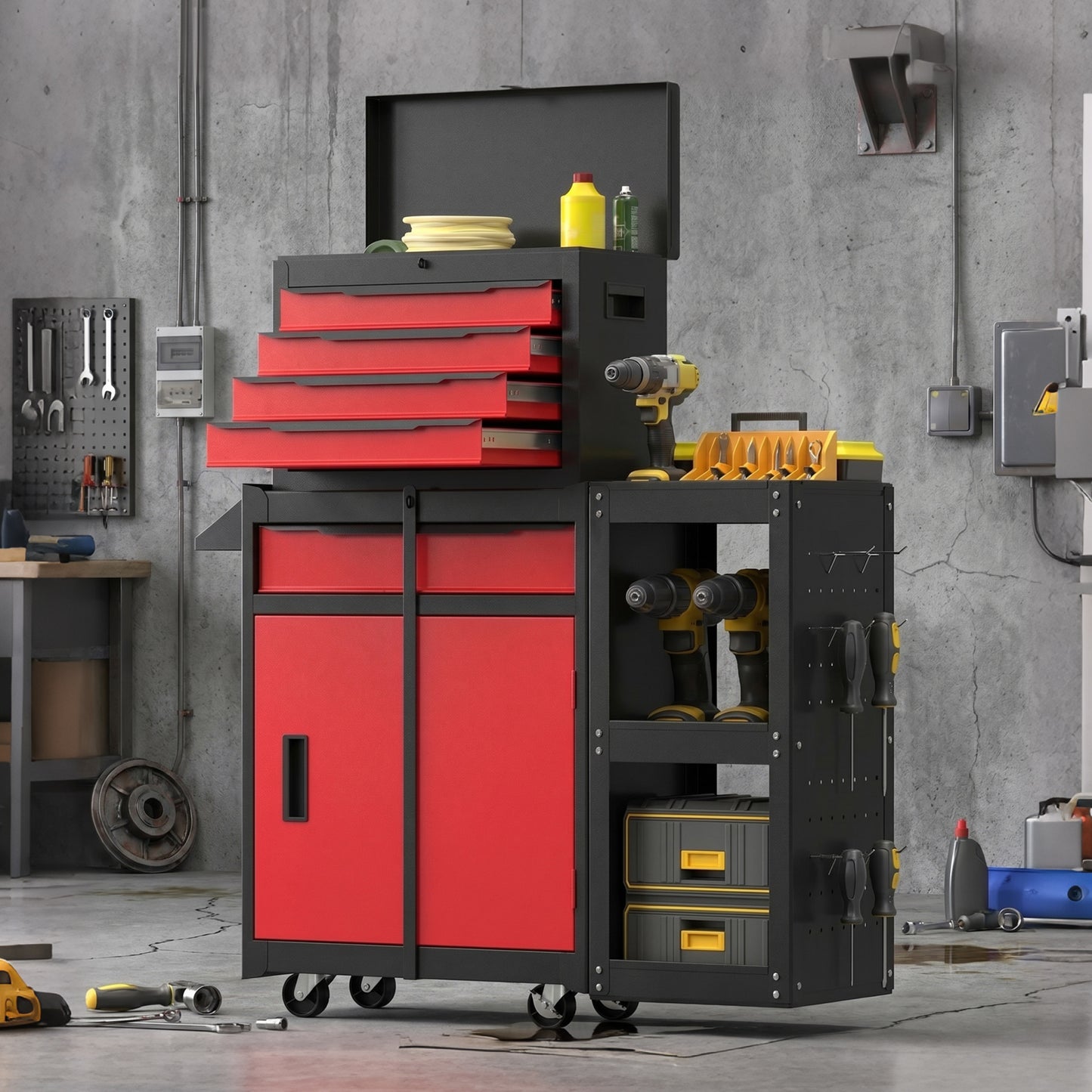 Tool Chest, Mobile Modular Tool Box with 5 Drawers, Side Rack, Pegboard, Lock, Tool Cabinet for Garage Workshop, Red