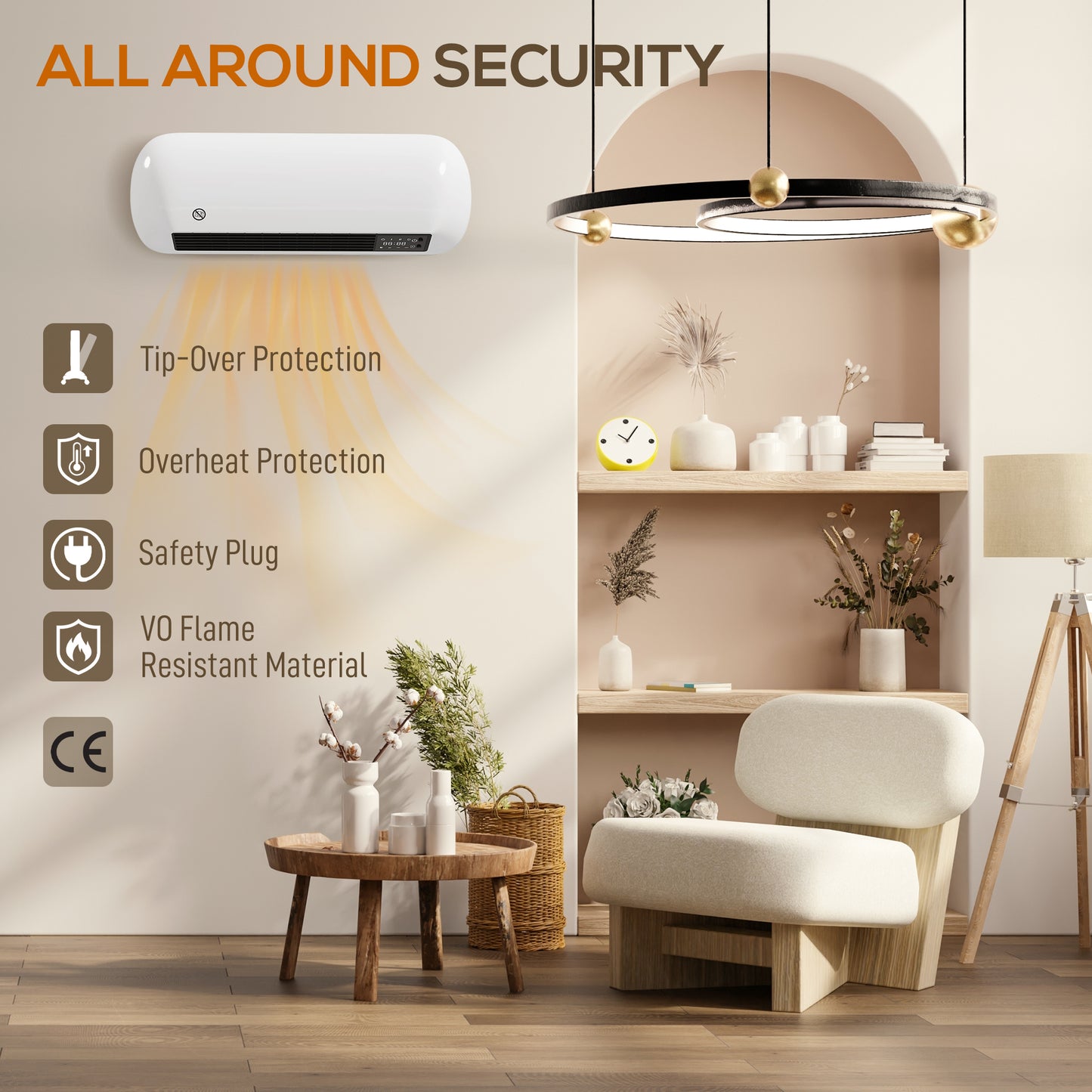 2000W Ceramic Electric Heater with Fan, Adjustable Thermostat, Wall Mounted - White