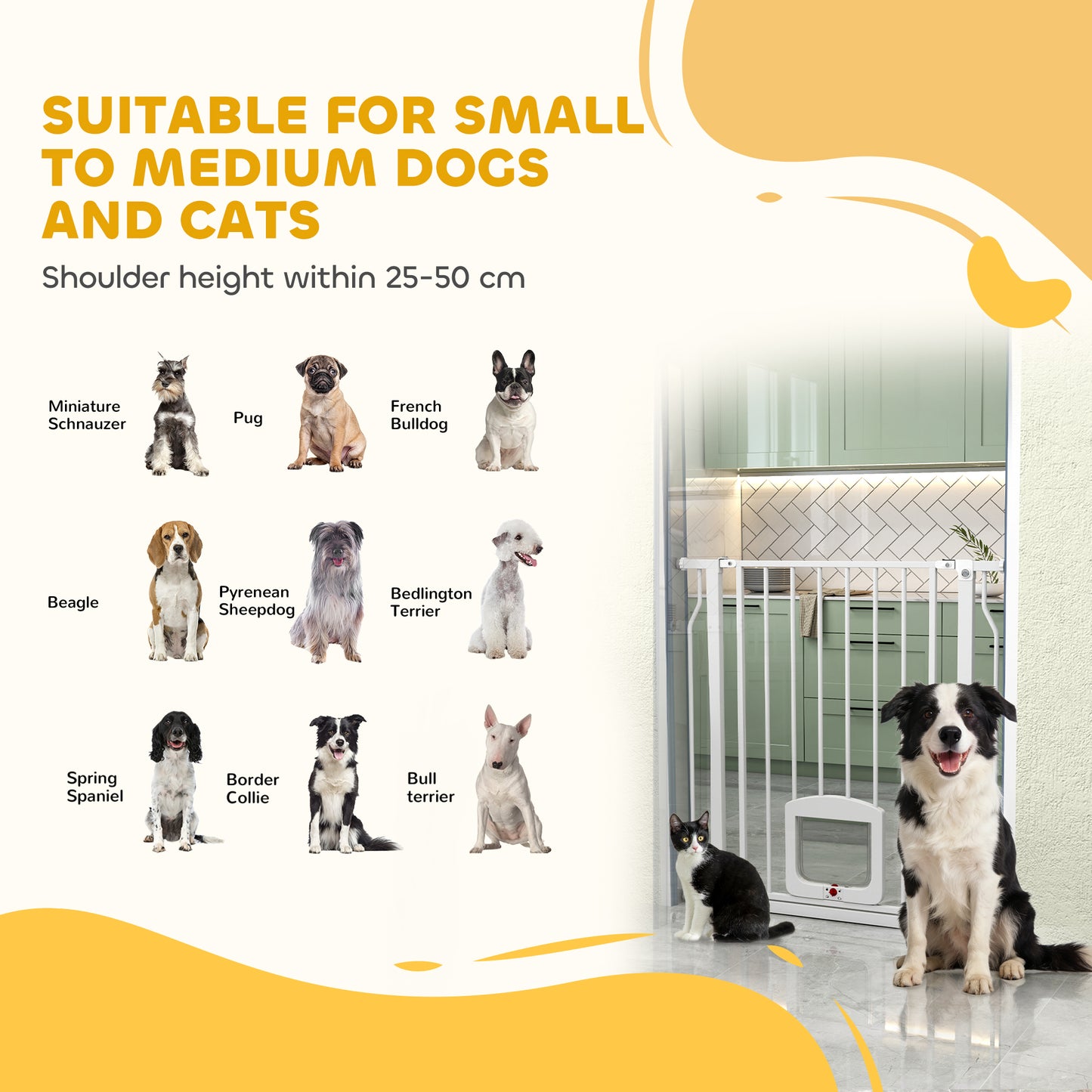 Adjustable Pet Gate with Cat Door, Pressure Fit Barrier for Doorway and Hallway, 75-85 cm, White