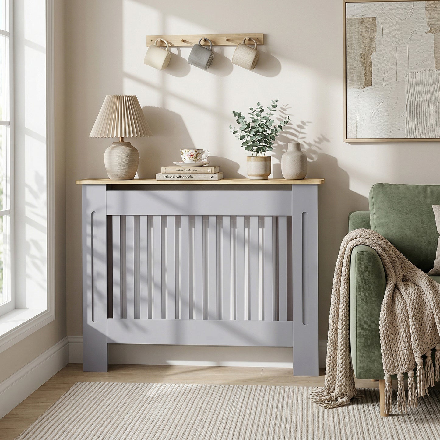 Slatted Radiator Cover, Painted Cabinet with Line Grill Design, 112L × 19W × 81H cm, Grey
