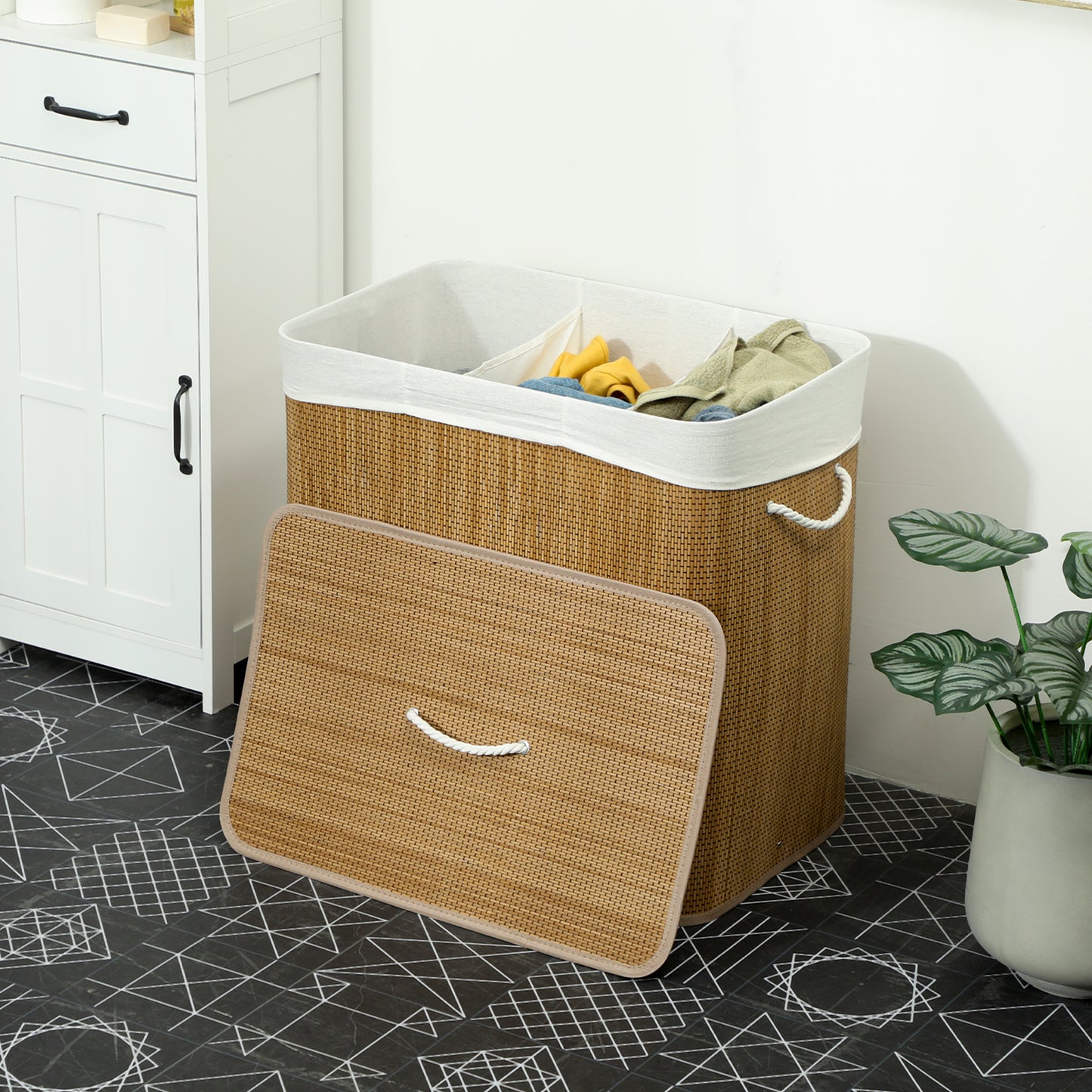 3 Section Laundry Basket with Lid, 144L Bamboo Laundry Hamper with Handles, Removable and Washable Liner, Brown