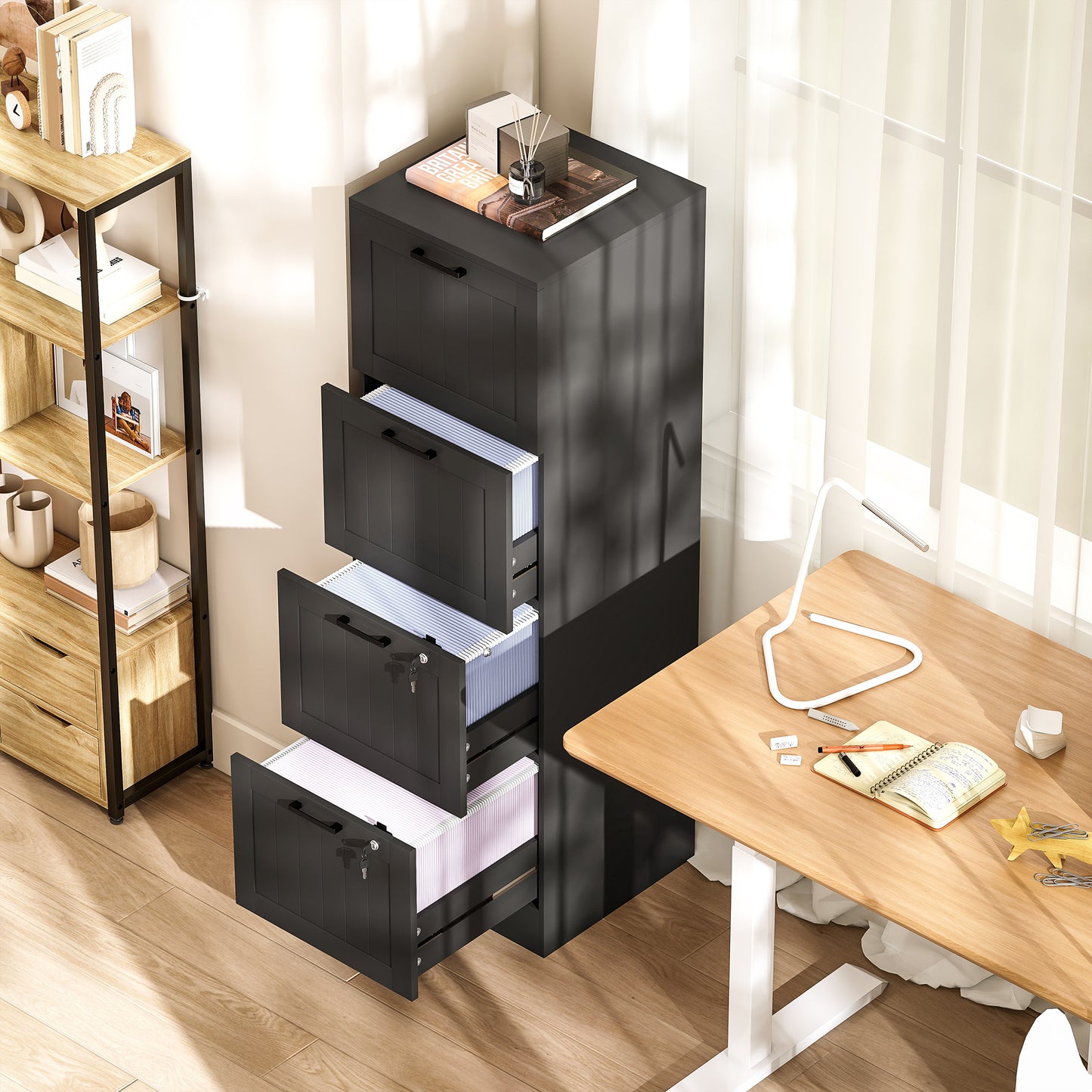 4 Drawer Filing Cabinet with Lock, Office Storage Cabinet with Adjustable Hanging Bars for A4 Letter Size Files, Black