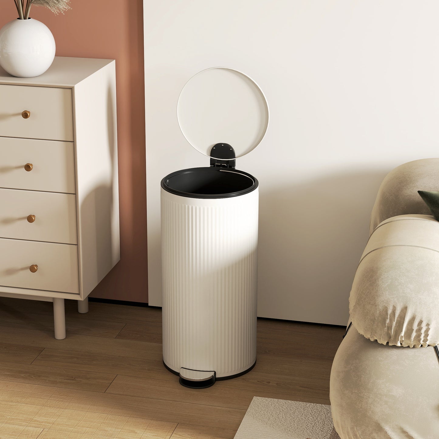 Kitchen Bin, 30 Litre Pedal Rubbish Bin with Removable Bucket, Cream