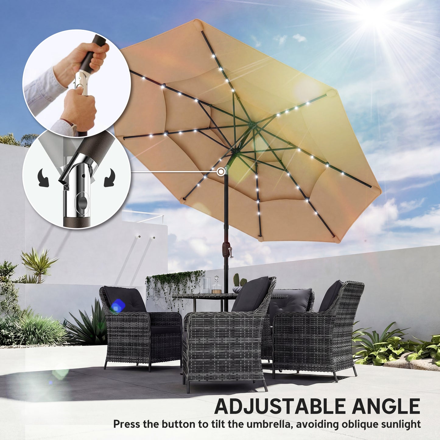 2.8 m Garden Parasol Umbrella with LED Solar Light, Parasol Cover, 3 Tier Outdoor Table Market Patio Umbrella, Khaki