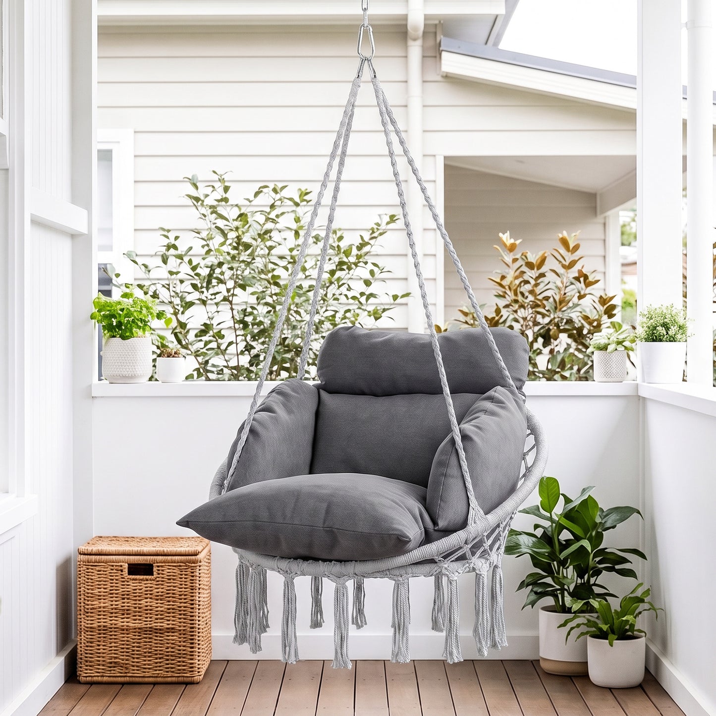 Hanging Chair Outdoor Hammock Chair with Soft Cushion, Cotton Rope Boho Style Swing Chair