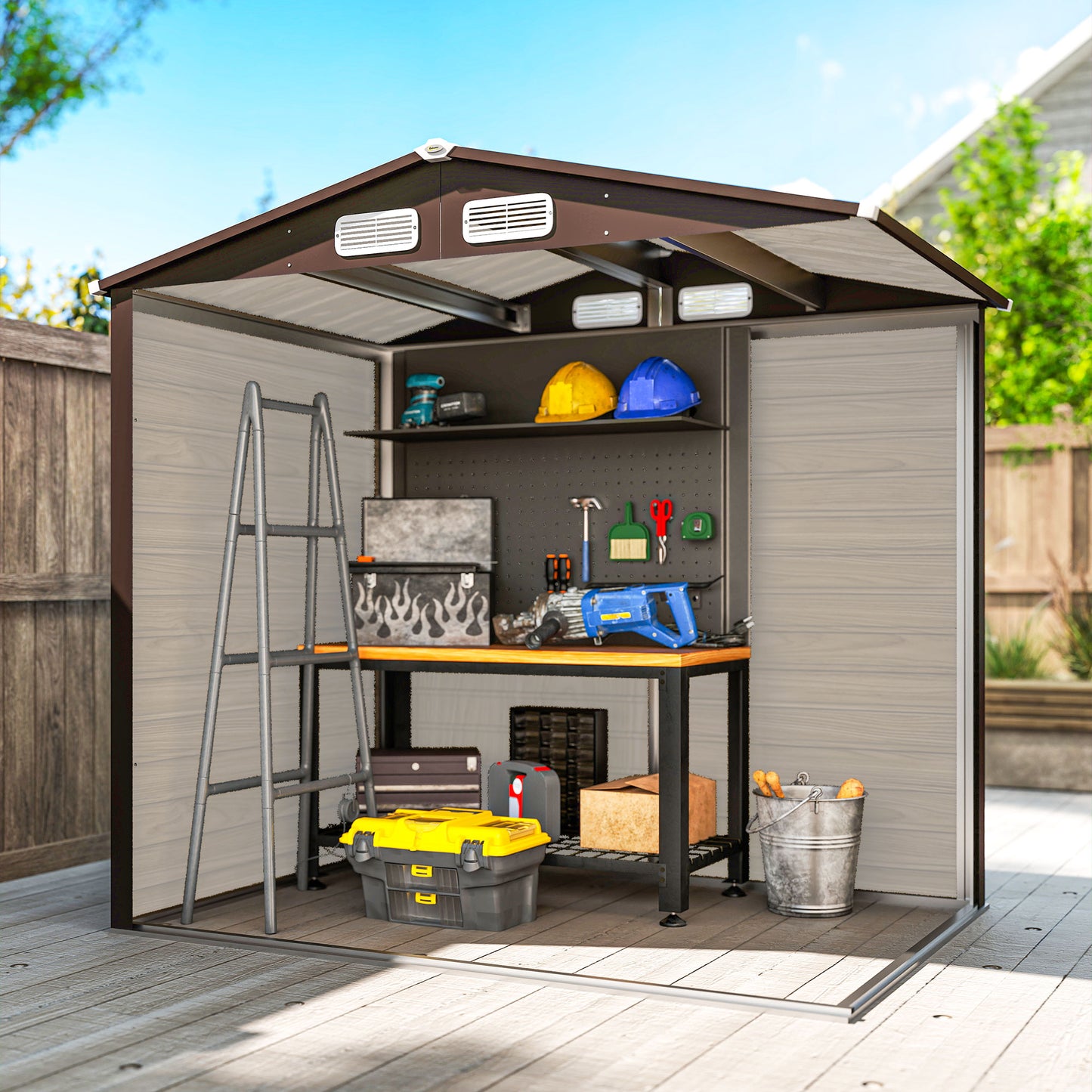 4 x 6ft Galvanised Steel Garden Shed, with Lock and Gloves - Oak