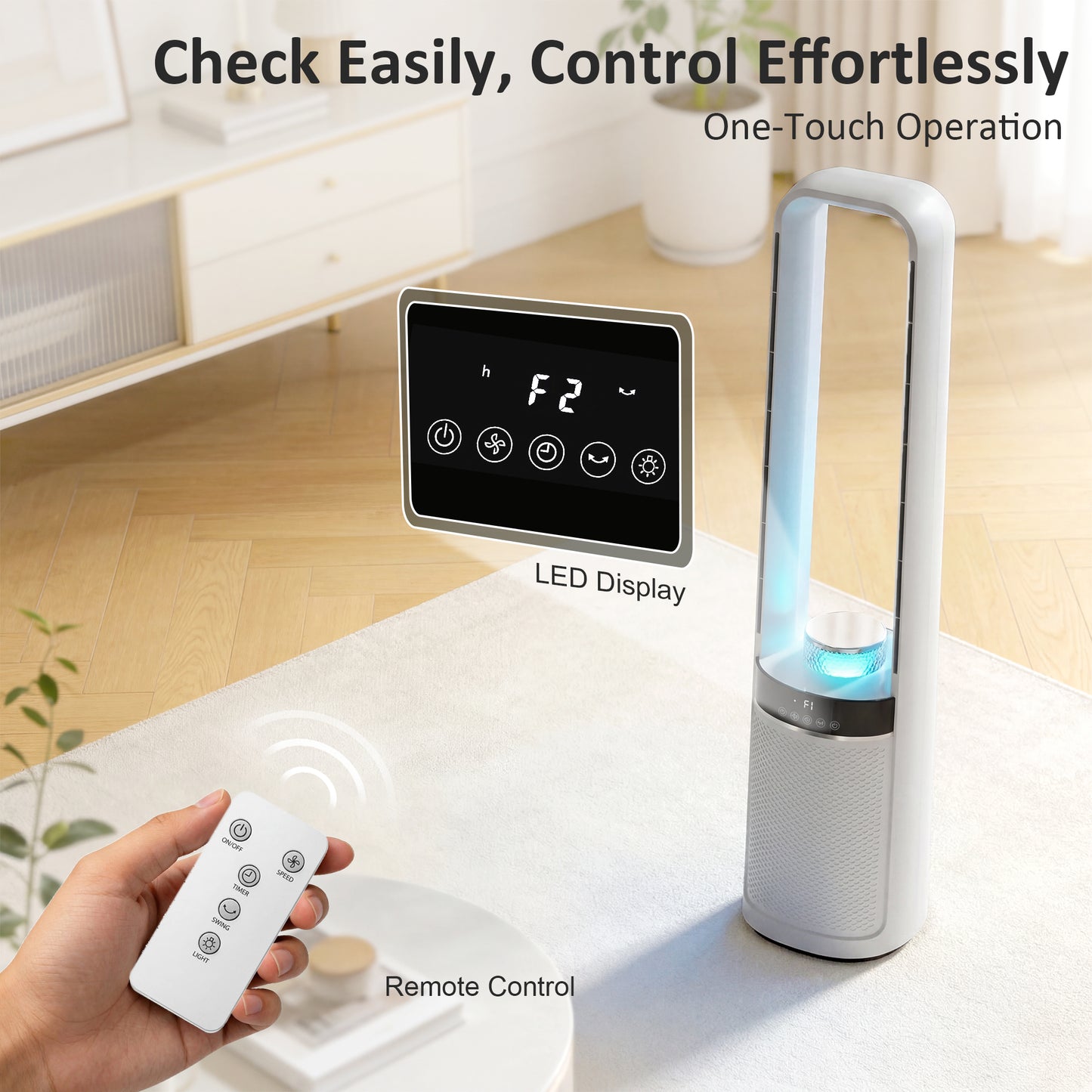 Bladeless Tower Fan, 36dB Standing Cooling Fan with Oscillating, LED Lights, 3 Speeds, 12H Timer, Remote Control