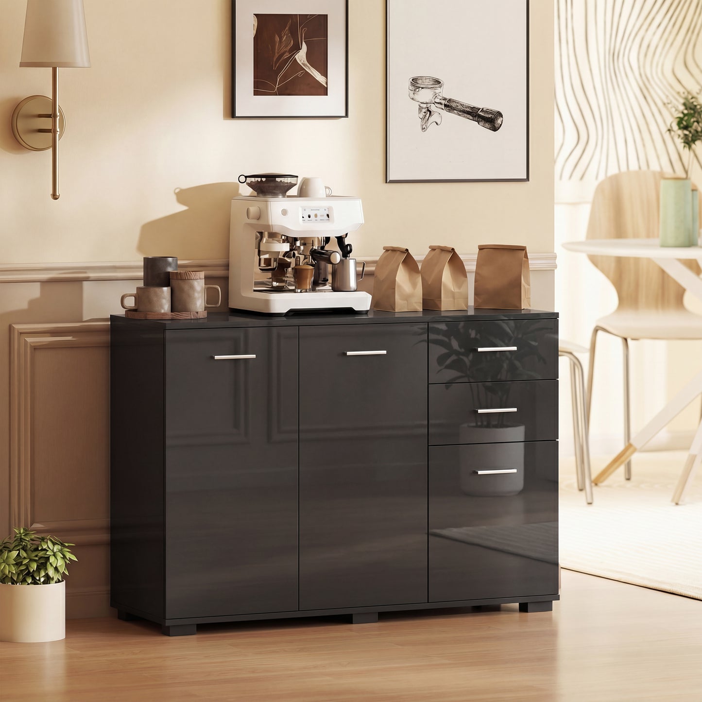 Sideboard, Modern Storage Cabinet with 2 Drawers, 3 Doors and Adjustable Shelves, High Gloss Black