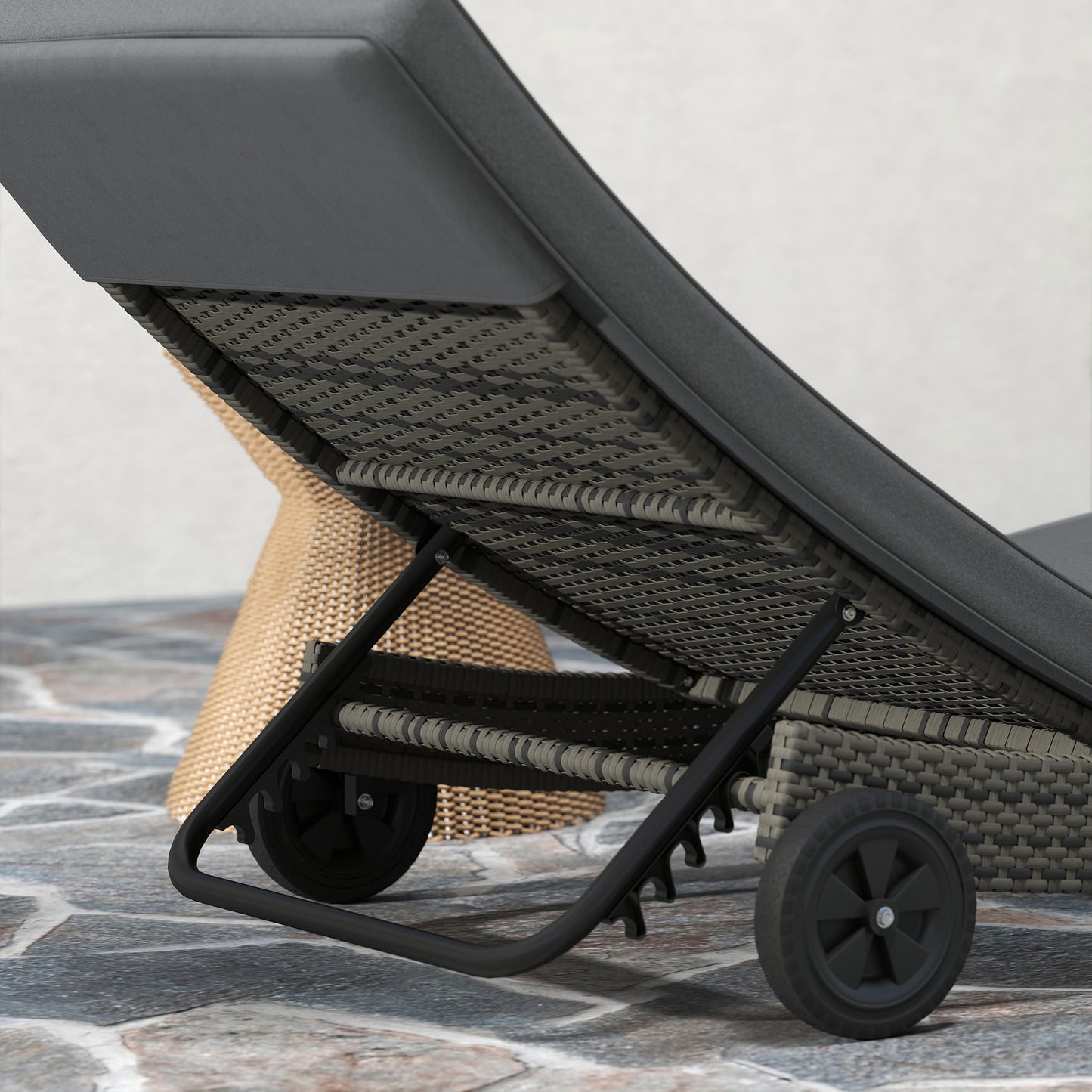 Patio Wicker Chaise Lounge Chair, Outdoor PE Rattan Sun Lounger with Adjustable Backrest and 2 Wheels, Dark Grey