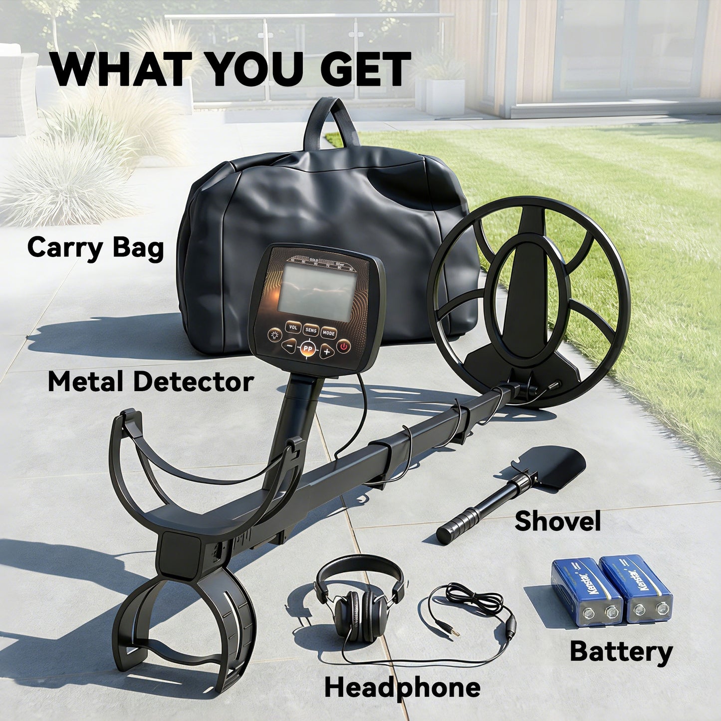 Metal Detector for Adults, IP68 Waterproof Search Coil with LCD Display, 5 Modes Gold Detector with Carry Bag, Shovel