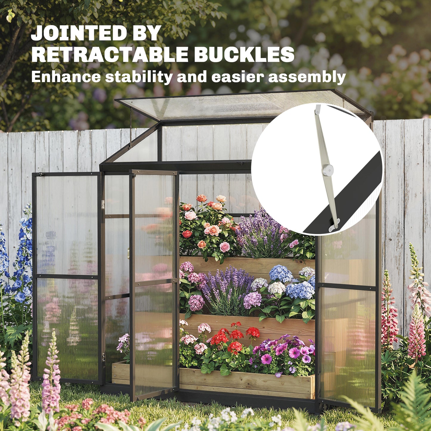 Polycarbonate Greenhouse with 3 Hinged Doors, Top Vent, Lean-to Green House, Walk-in Greenhouse, 6 x 1.5ft, Black