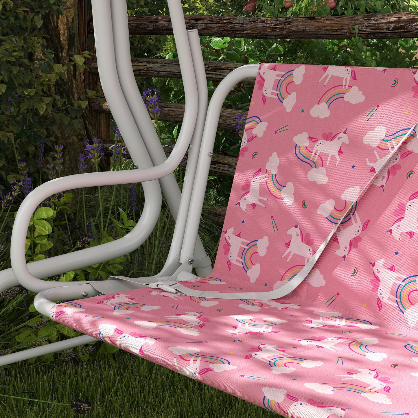 Kids Porch Swing, 2-Seater Patio Swing Bench Hammock with Seat Belts, Adjustable Canopy for Garden, Pink