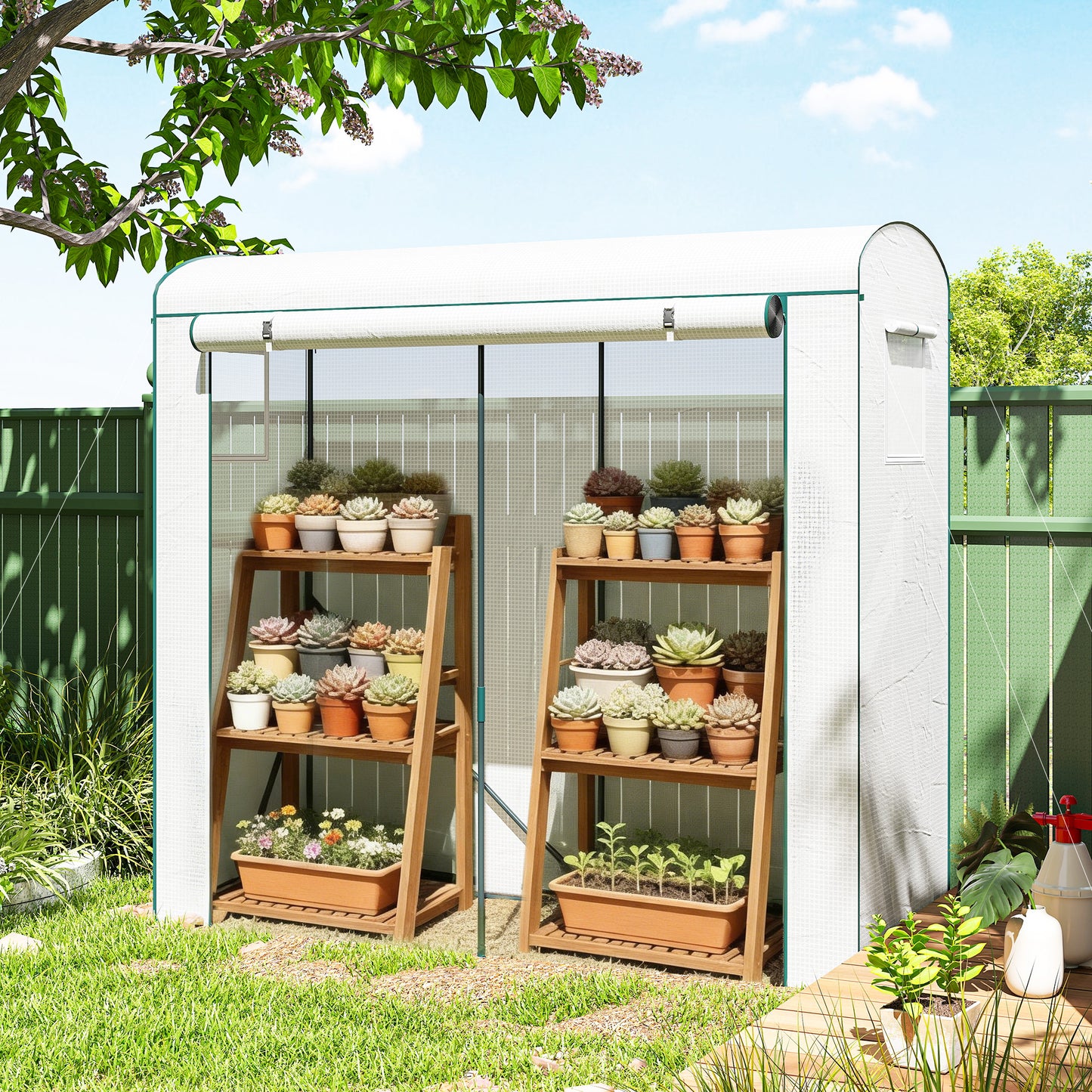 Mini Greenhouse, Garden Tomato Growhouse with Roll-Up Door and 2 Mesh Windows, PE Cover, 200 x 75 x 188 cm, White