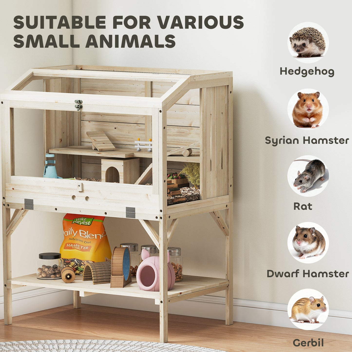 2 Tier Wooden Hamster Cage with Shelf and Openable Top
